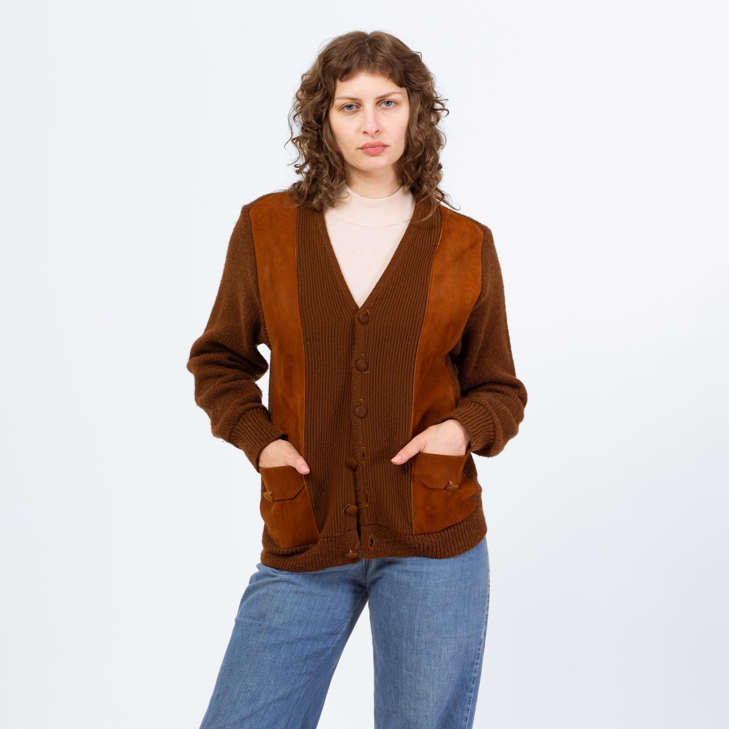 Vintage 70s Brown Suede Knit Sportigan Sweater - Medium | Unisex Leather Trim Button Up V Neck Cardigan