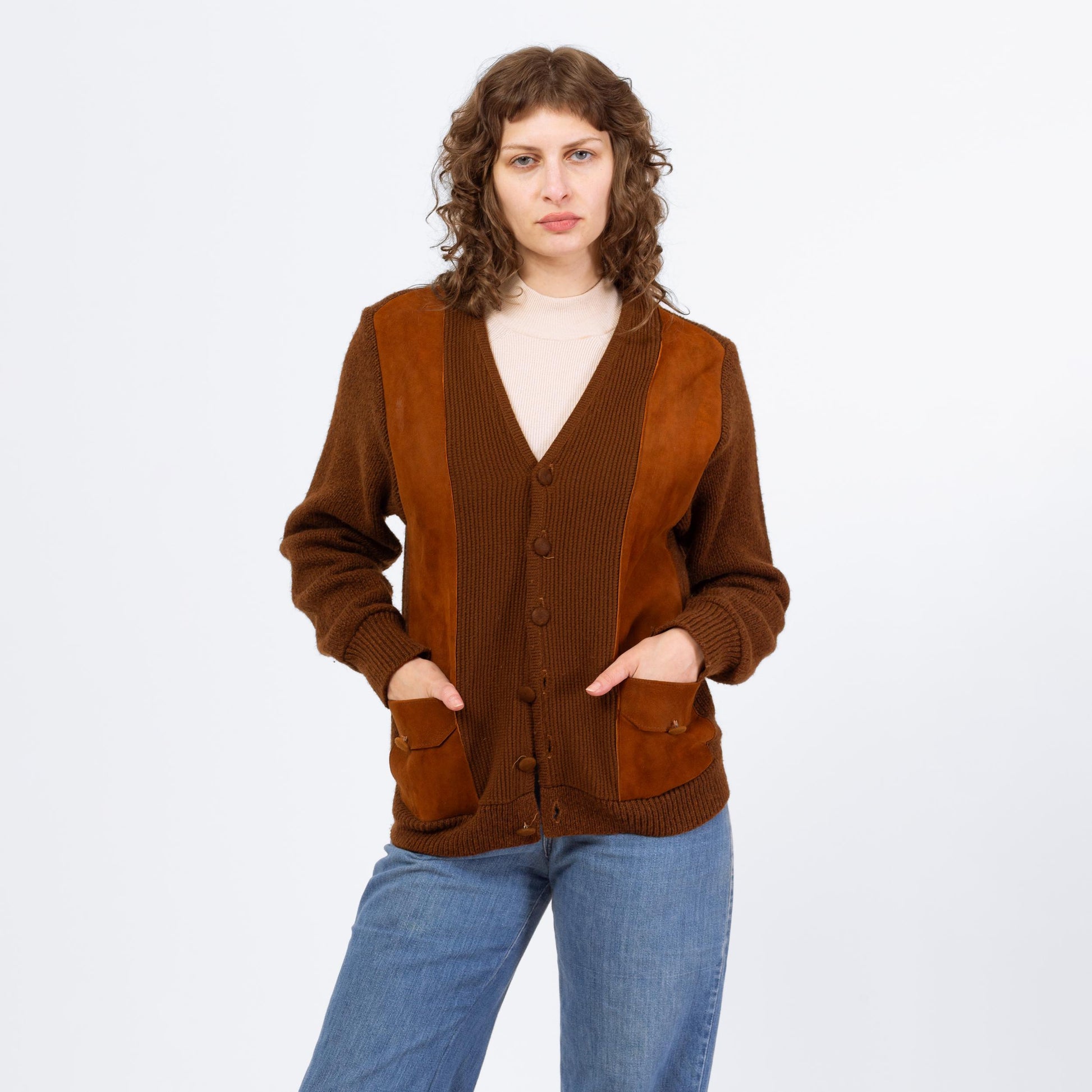 Vintage 70s Brown Suede Knit Sportigan Sweater - Medium | Unisex Leather Trim Button Up V Neck Cardigan