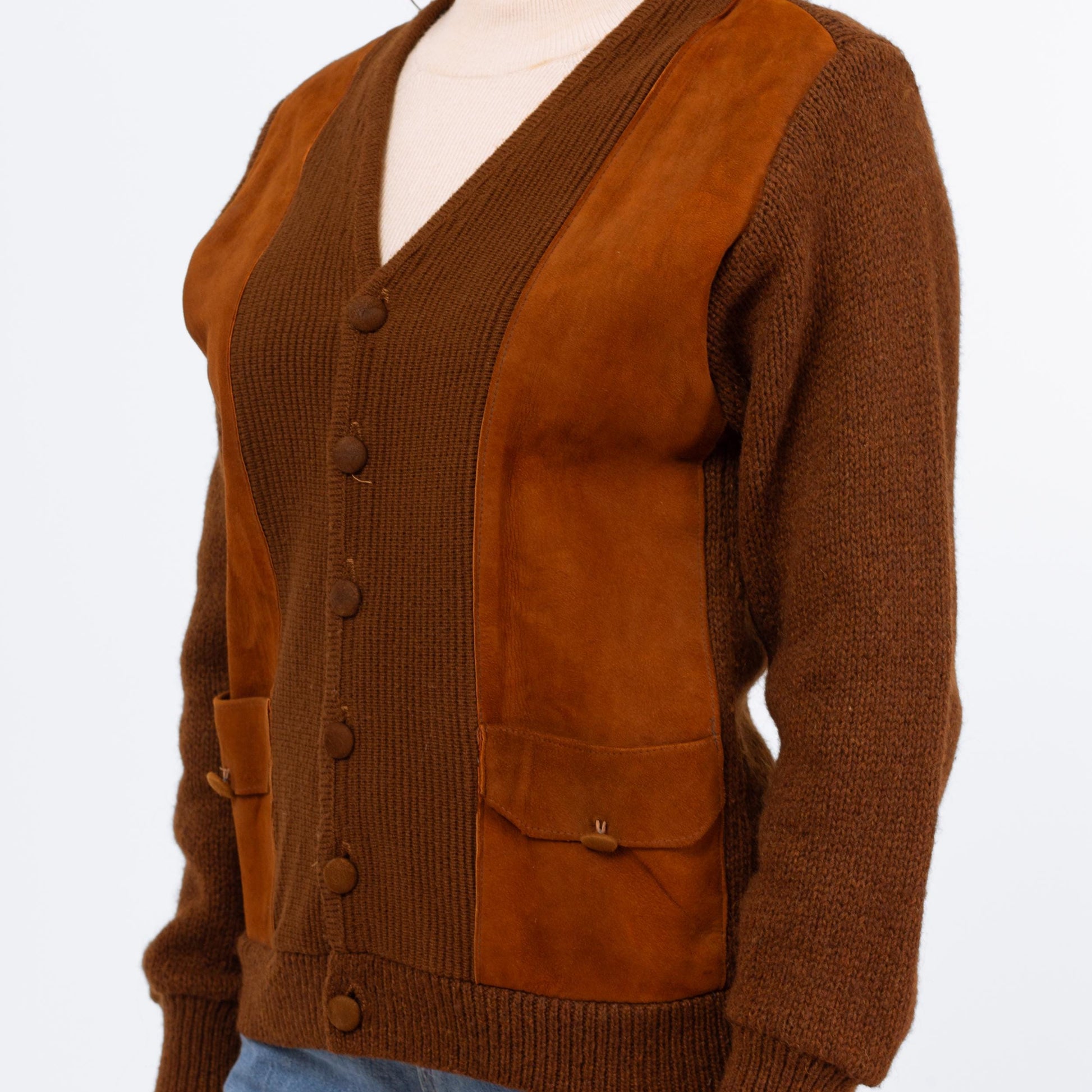 Vintage 70s Brown Suede Knit Sportigan Sweater - Medium | Unisex Leather Trim Button Up V Neck Cardigan