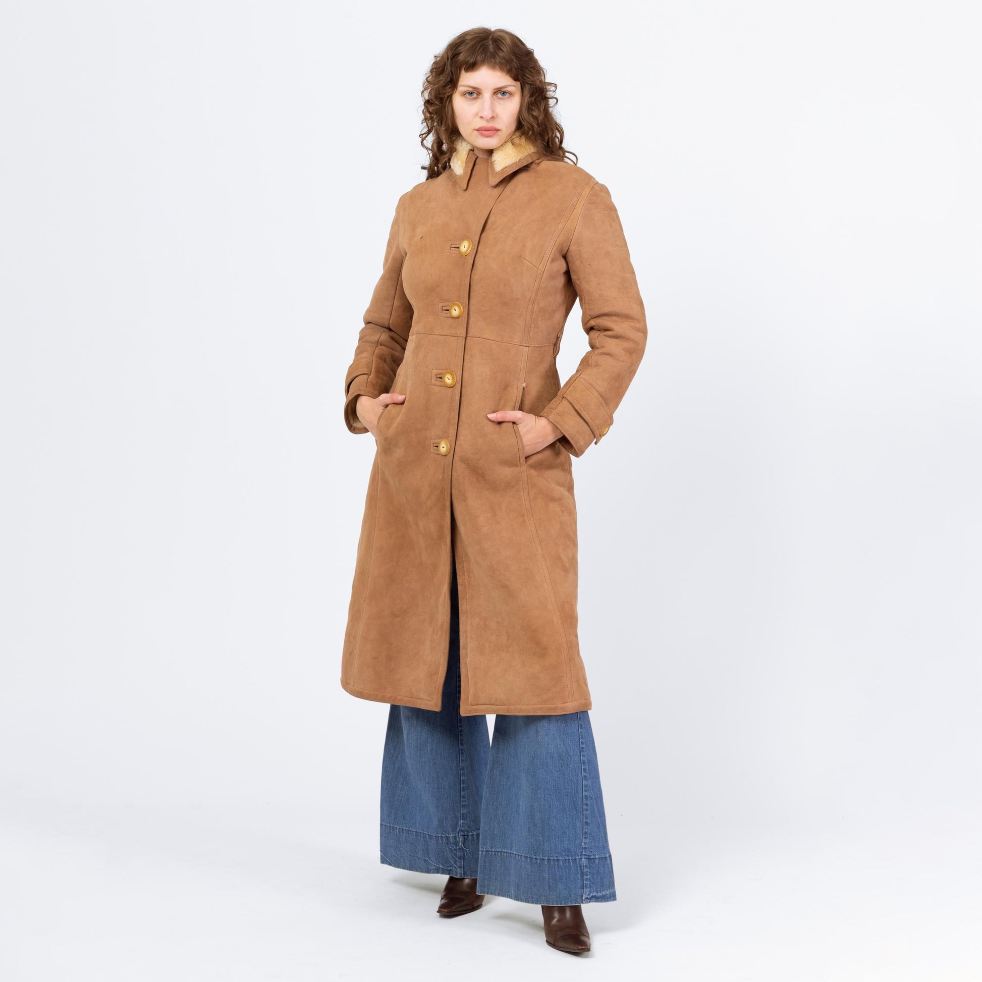 Vintage 70s Camel Suede Shearling Coat - Extra Small | Boho Sheepskin Button Up Hippie Sherpa Coat