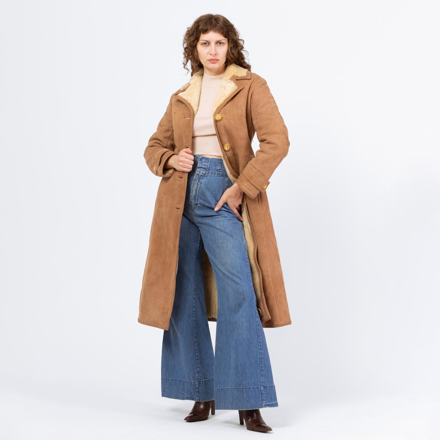 Vintage 70s Camel Suede Shearling Coat - Extra Small | Boho Sheepskin Button Up Hippie Sherpa Coat