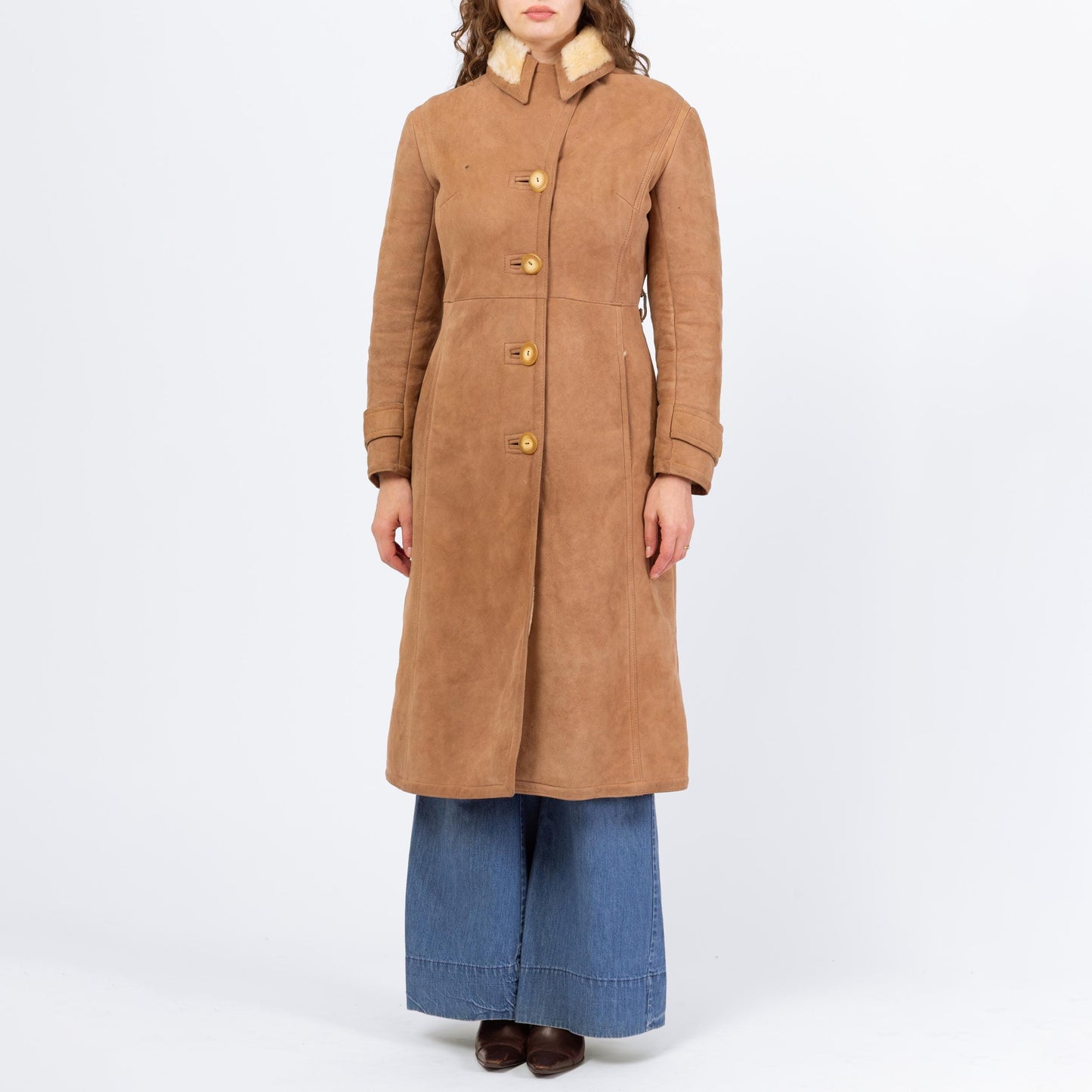 Vintage 70s Camel Suede Shearling Coat - Extra Small | Boho Sheepskin Button Up Hippie Sherpa Coat