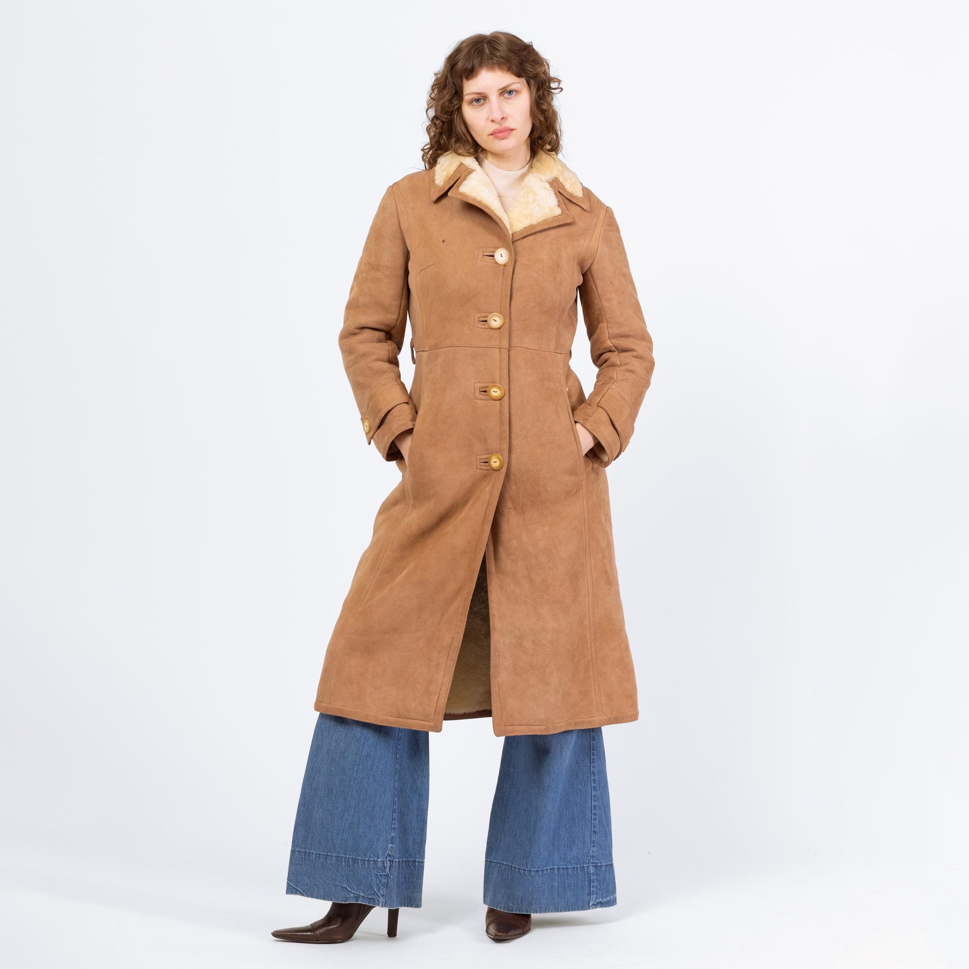 Vintage 70s Camel Suede Shearling Coat - Extra Small | Boho Sheepskin Button Up Hippie Sherpa Coat