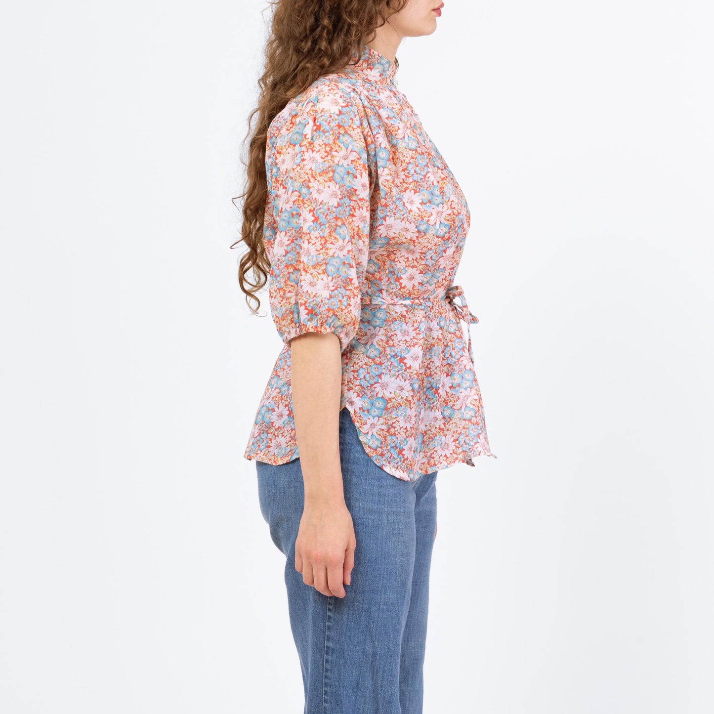 Vintage 70s Floral Cinched Waist Peasant Blouse - Medium | Boho Balloon Sleeve Top