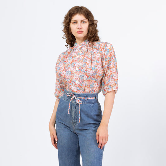 Vintage 70s Floral Cinched Waist Peasant Blouse - Medium | Boho Balloon Sleeve Top