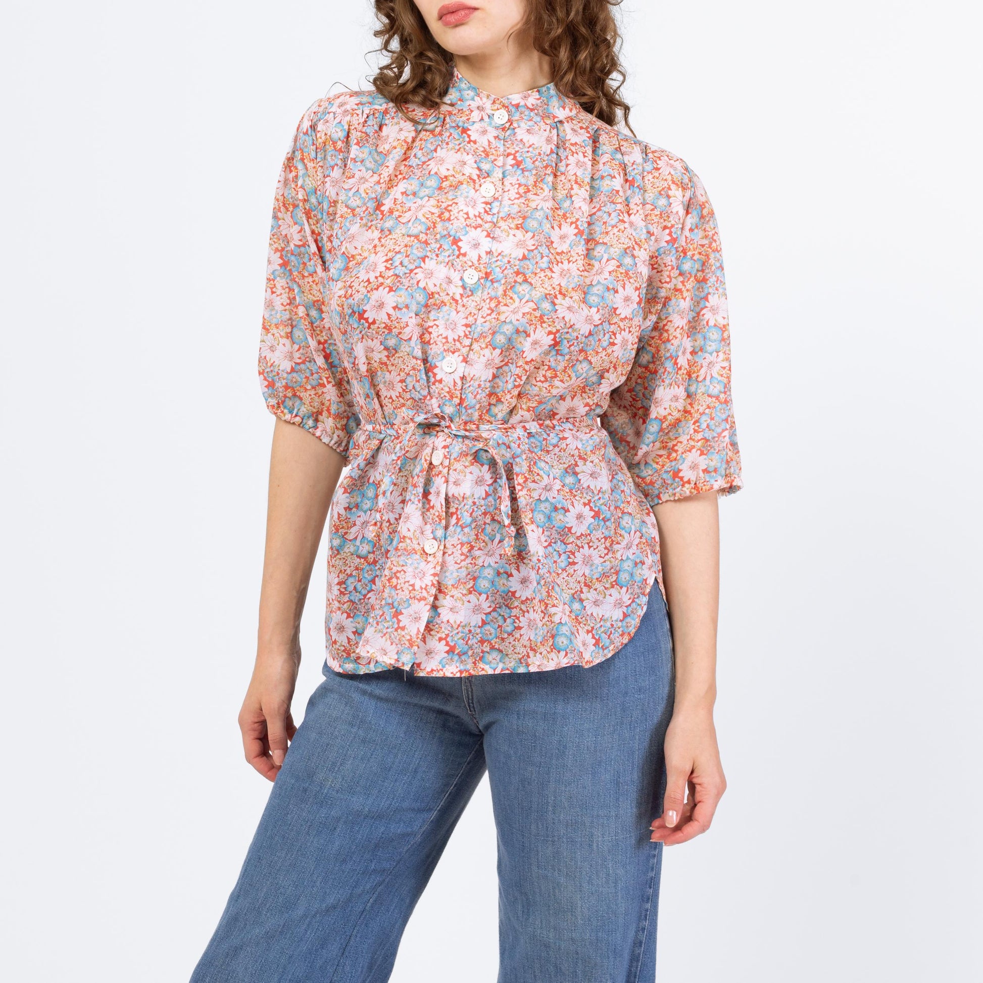 Vintage 70s Floral Cinched Waist Peasant Blouse - Medium | Boho Balloon Sleeve Top