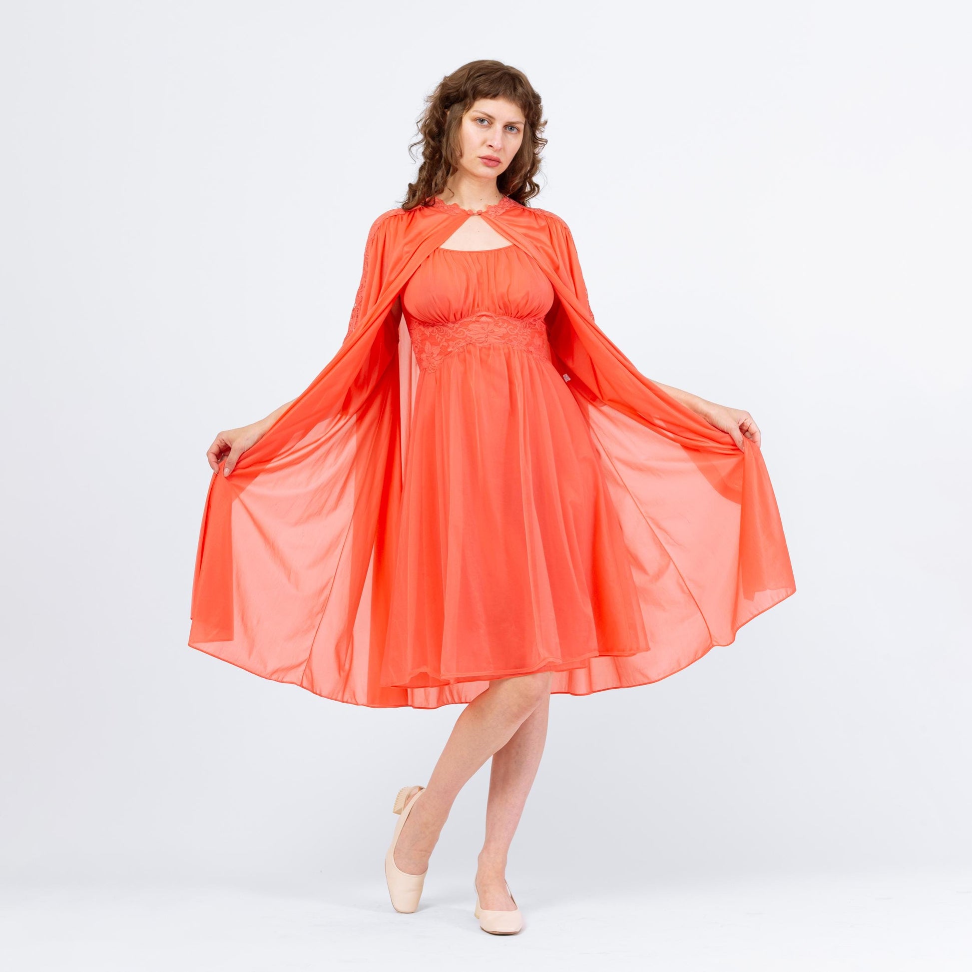 Vintage 60s Vanity Fair Salmon Orange Peignoir Set - Small | Negligee Nightgown Sheer Midi Dress & Robe