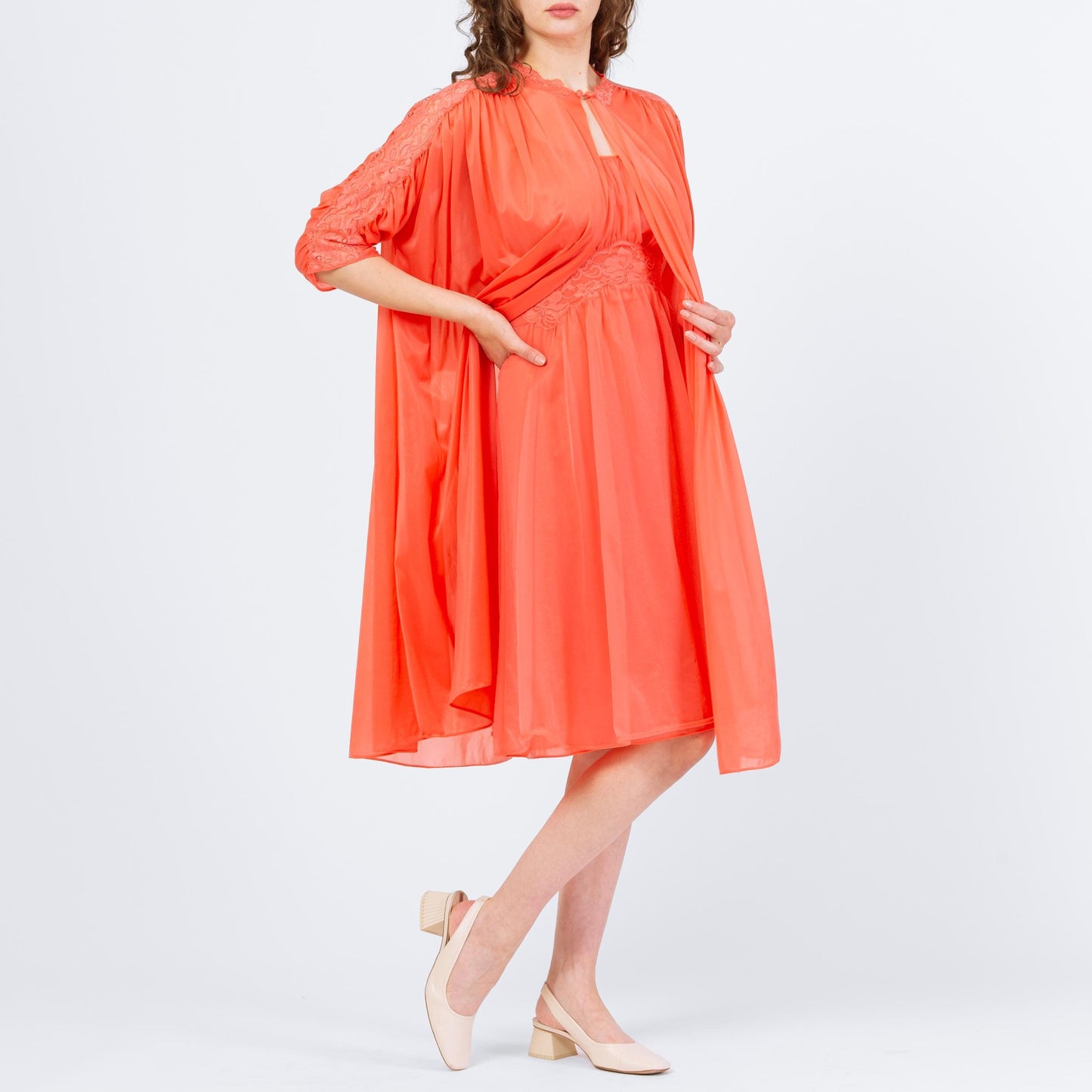 Vintage 60s Vanity Fair Salmon Orange Peignoir Set - Small | Negligee Nightgown Sheer Midi Dress & Robe