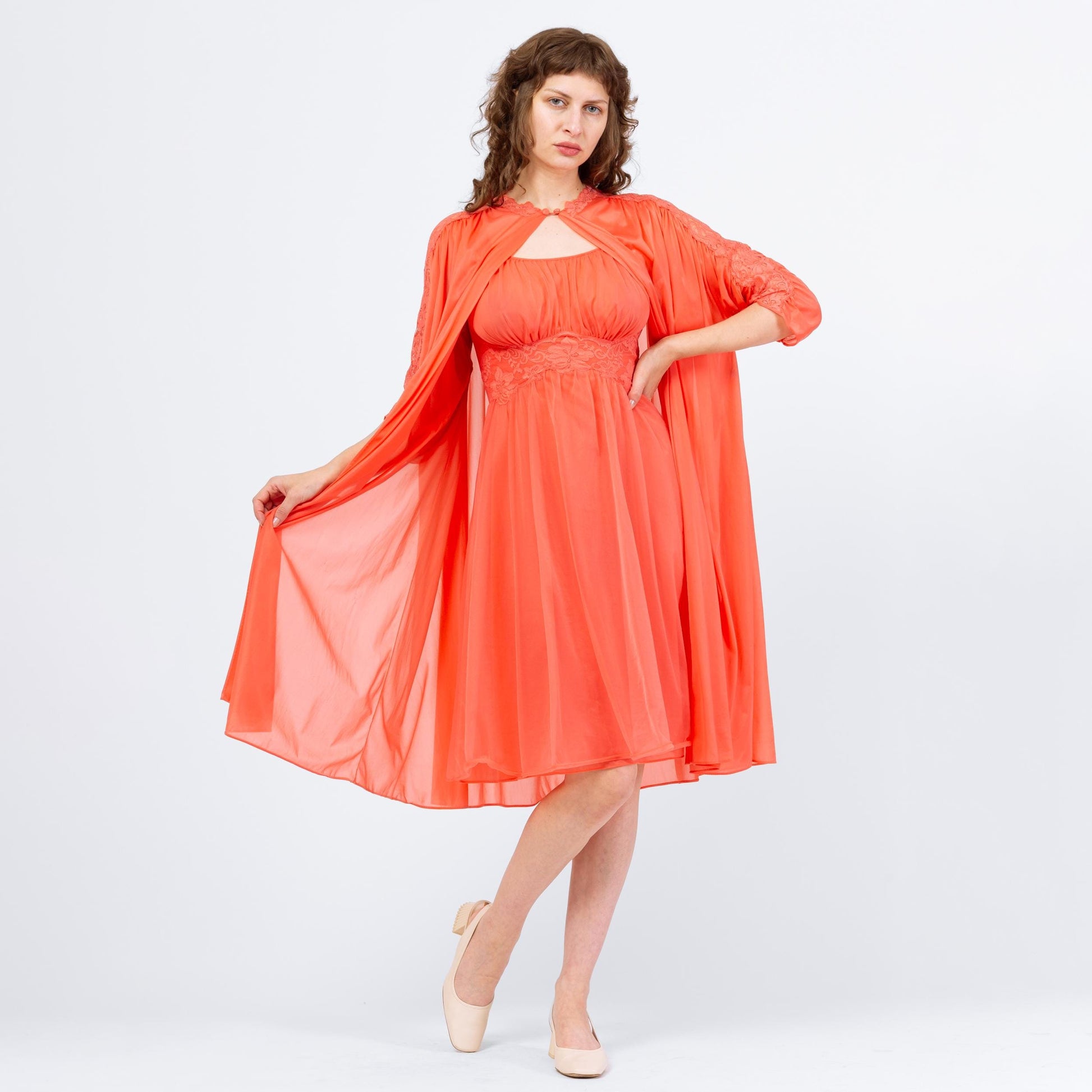 Vintage 60s Vanity Fair Salmon Orange Peignoir Set - Small | Negligee Nightgown Sheer Midi Dress & Robe