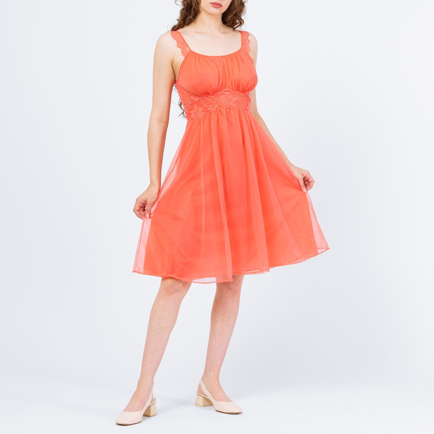 Vintage 60s Vanity Fair Salmon Orange Peignoir Set - Small | Negligee Nightgown Sheer Midi Dress & Robe