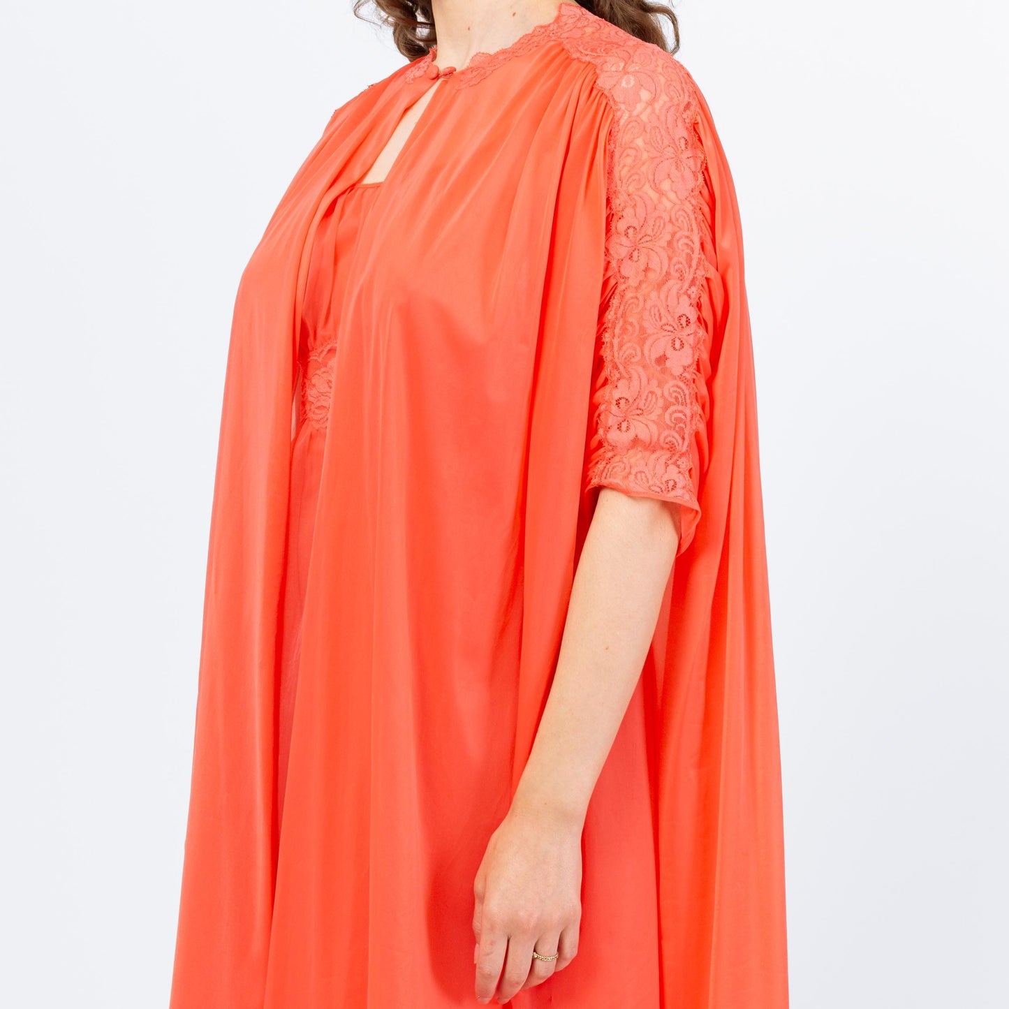 Vintage 60s Vanity Fair Salmon Orange Peignoir Set - Small | Negligee Nightgown Sheer Midi Dress & Robe