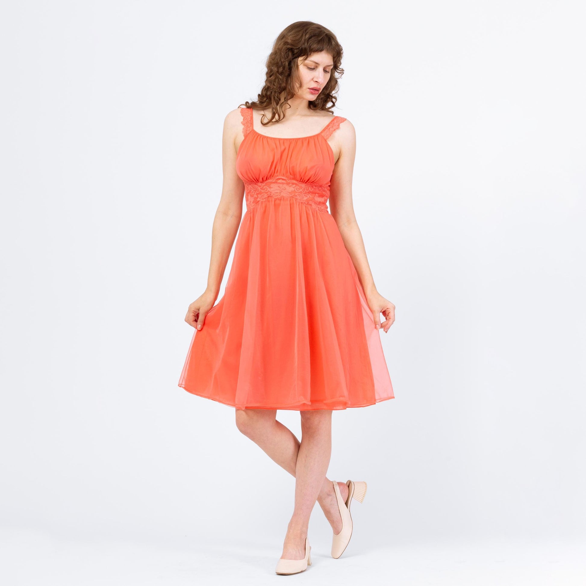 Vintage 60s Vanity Fair Salmon Orange Peignoir Set - Small | Negligee Nightgown Sheer Midi Dress & Robe