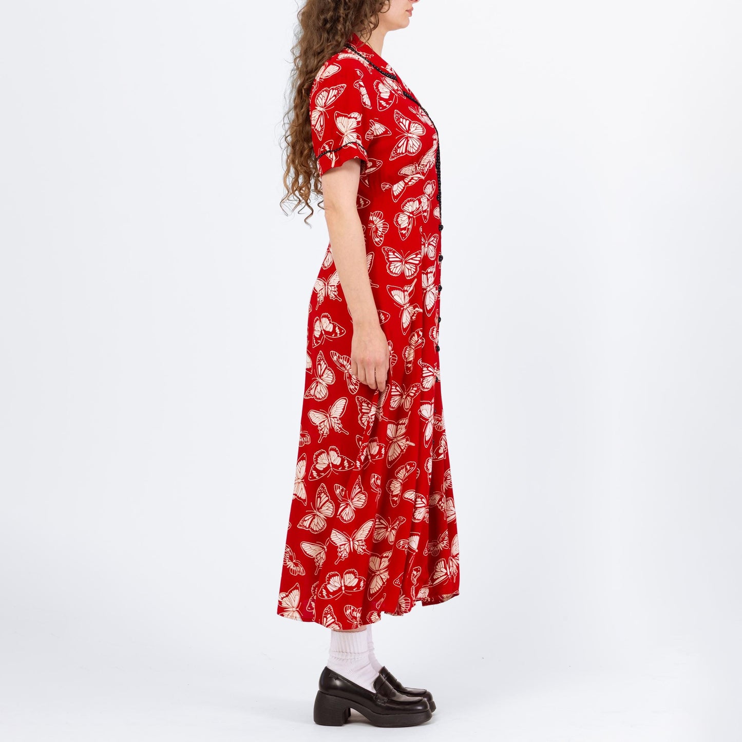 Vintage 80s Red Butterfly Print Shirtdress - Medium | Boho Short Sleeve Button Front Maxi Dress