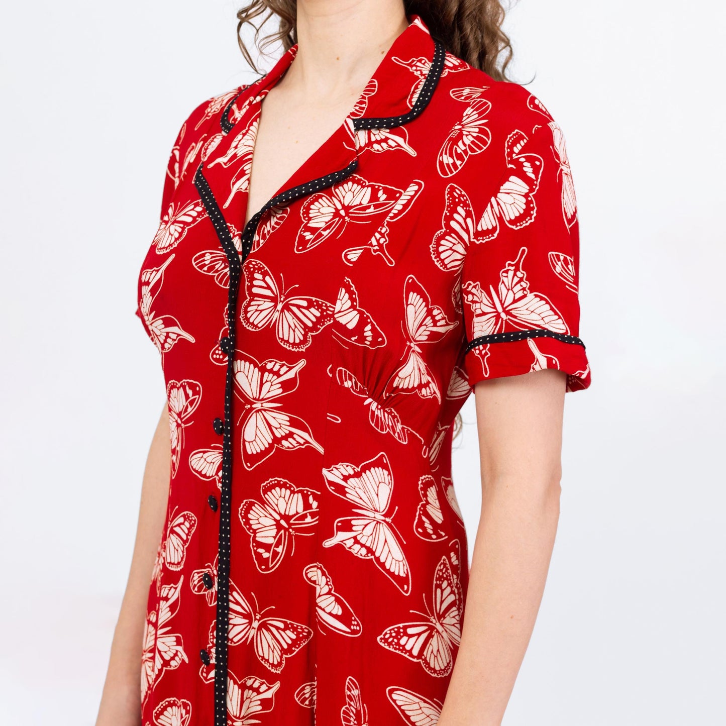 Vintage 80s Red Butterfly Print Shirtdress - Medium | Boho Short Sleeve Button Front Maxi Dress