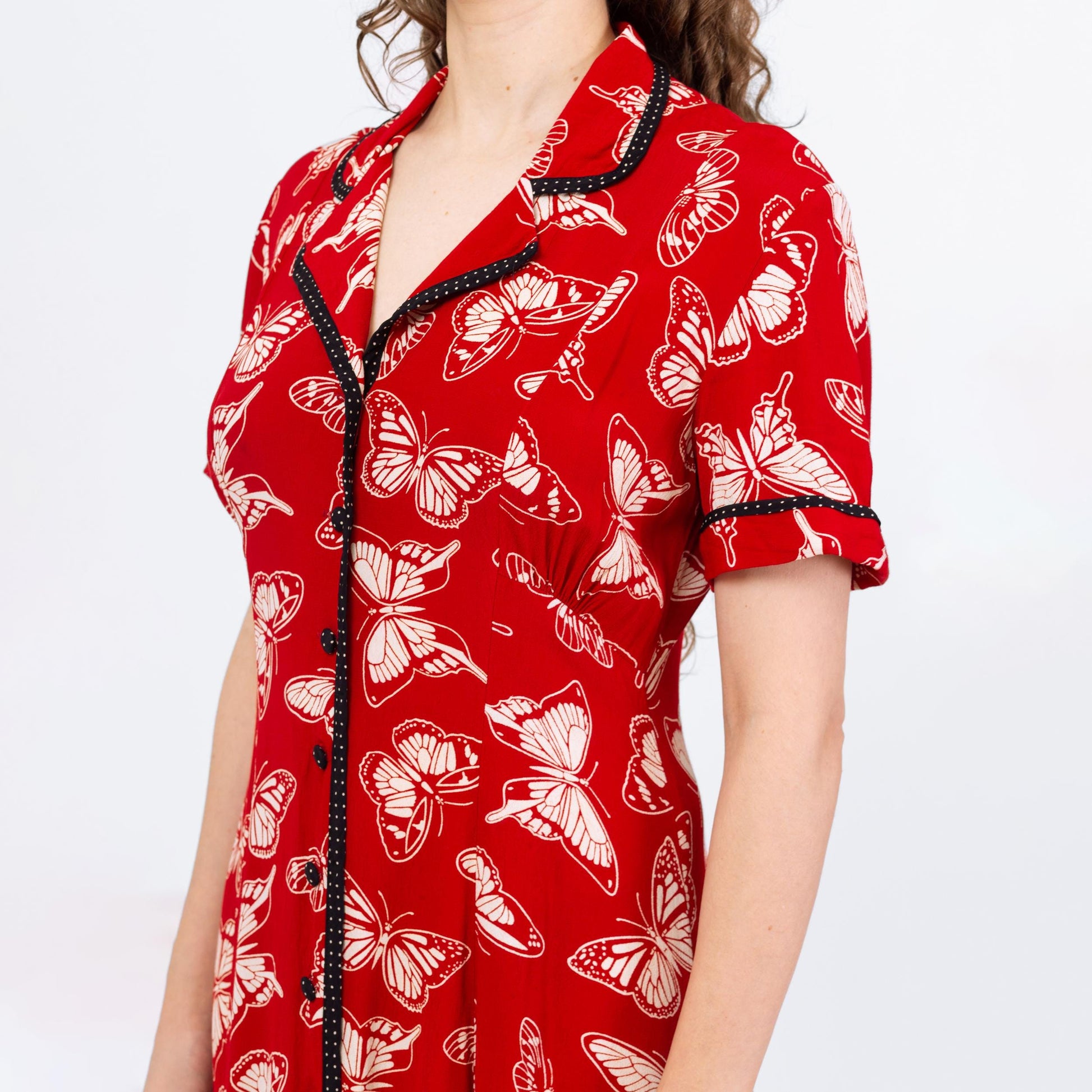 Vintage 80s Red Butterfly Print Shirtdress - Medium | Boho Short Sleeve Button Front Maxi Dress