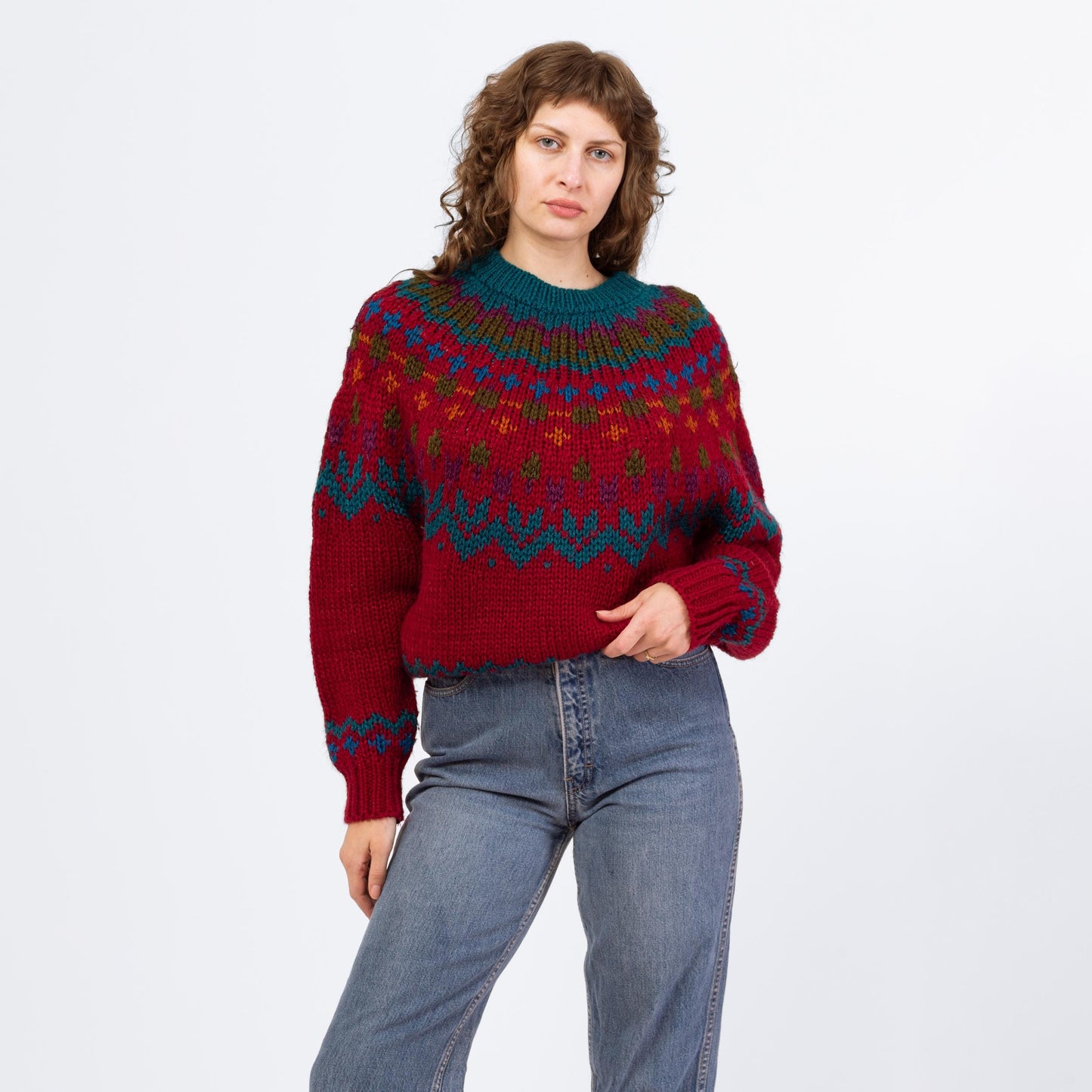 Vintage 80s Soft Wine Red Fair Isle Sweater - Medium | Hand Knit Nordic Pullover Jumper