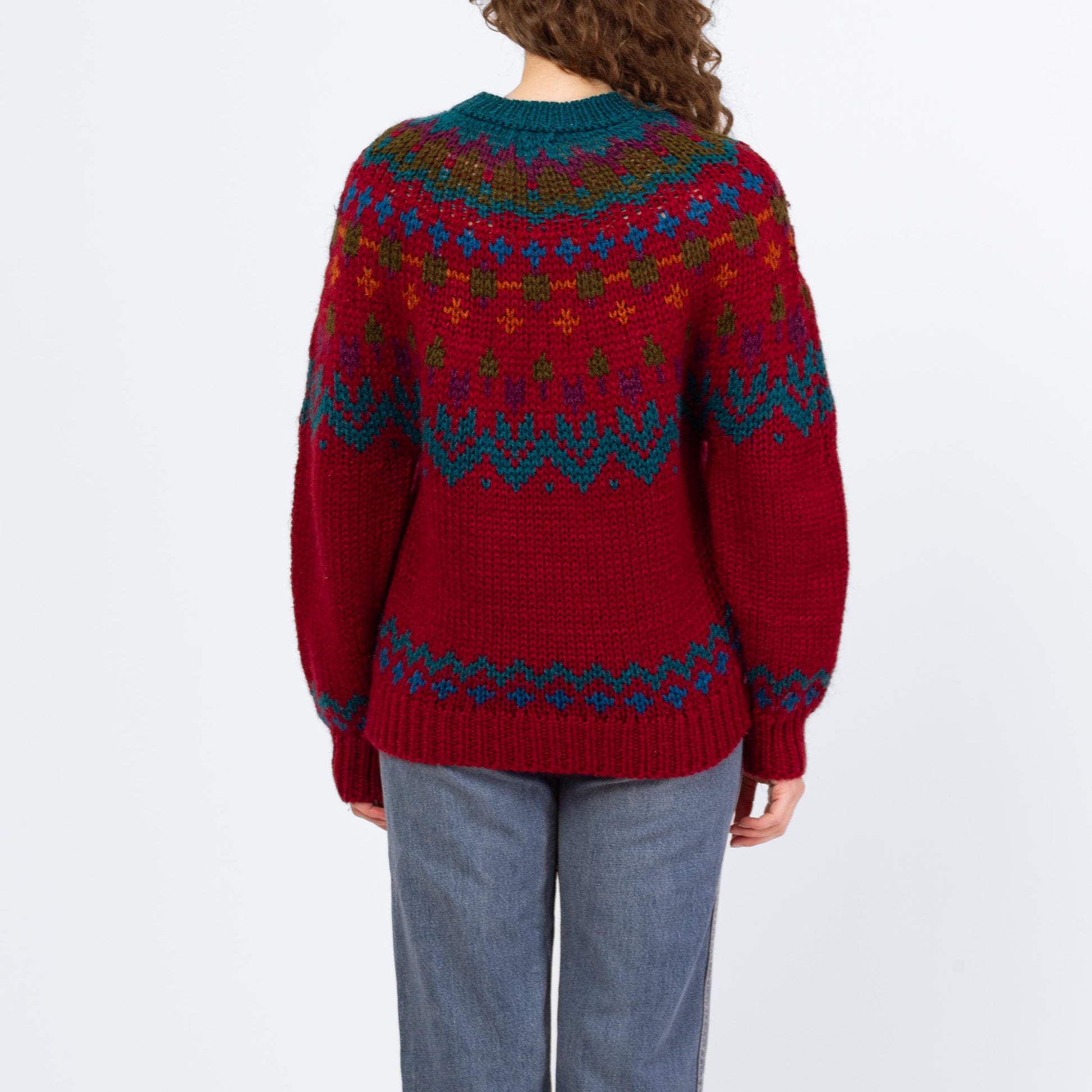 Vintage 80s Soft Wine Red Fair Isle Sweater - Medium | Hand Knit Nordic Pullover Jumper