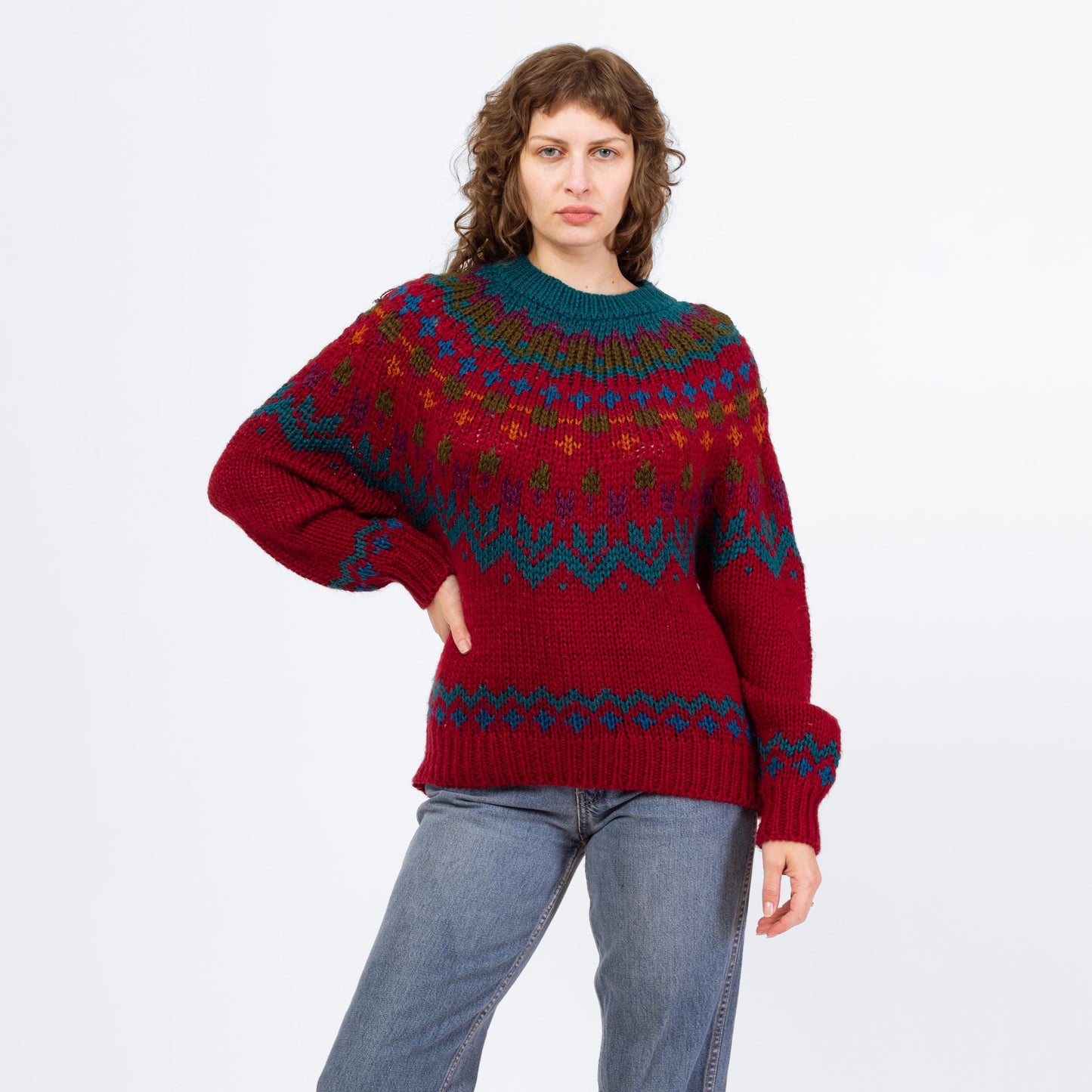 Vintage 80s Soft Wine Red Fair Isle Sweater - Medium | Hand Knit Nordic Pullover Jumper