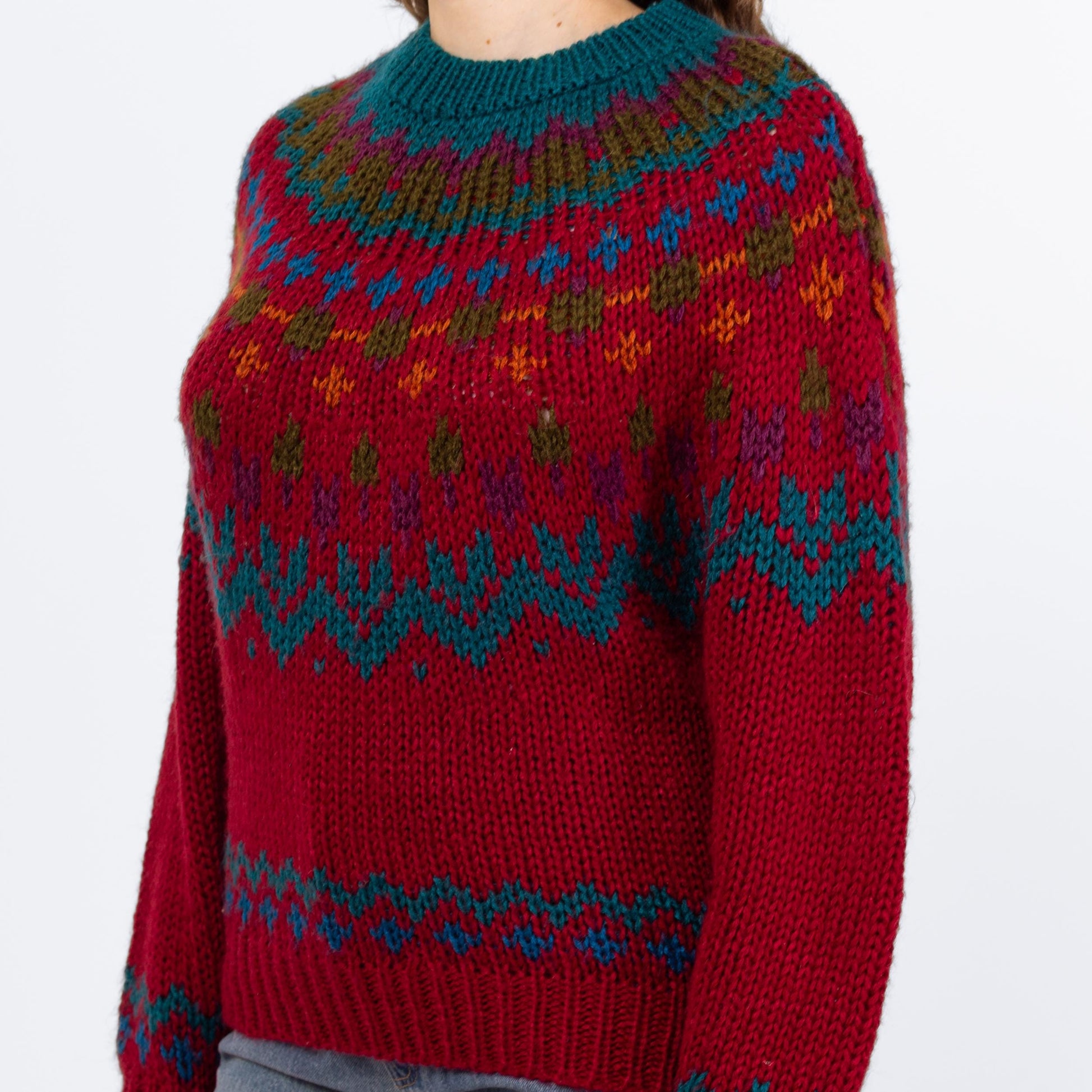 Vintage 80s Soft Wine Red Fair Isle Sweater - Medium | Hand Knit Nordic Pullover Jumper