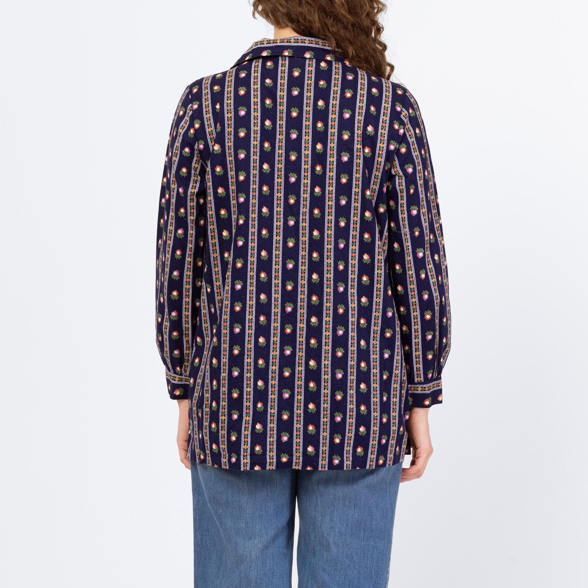 Vintage 70s Striped Floral Painter's Smock - Medium | Navy Blue Lightweight House Jacket Overshirt