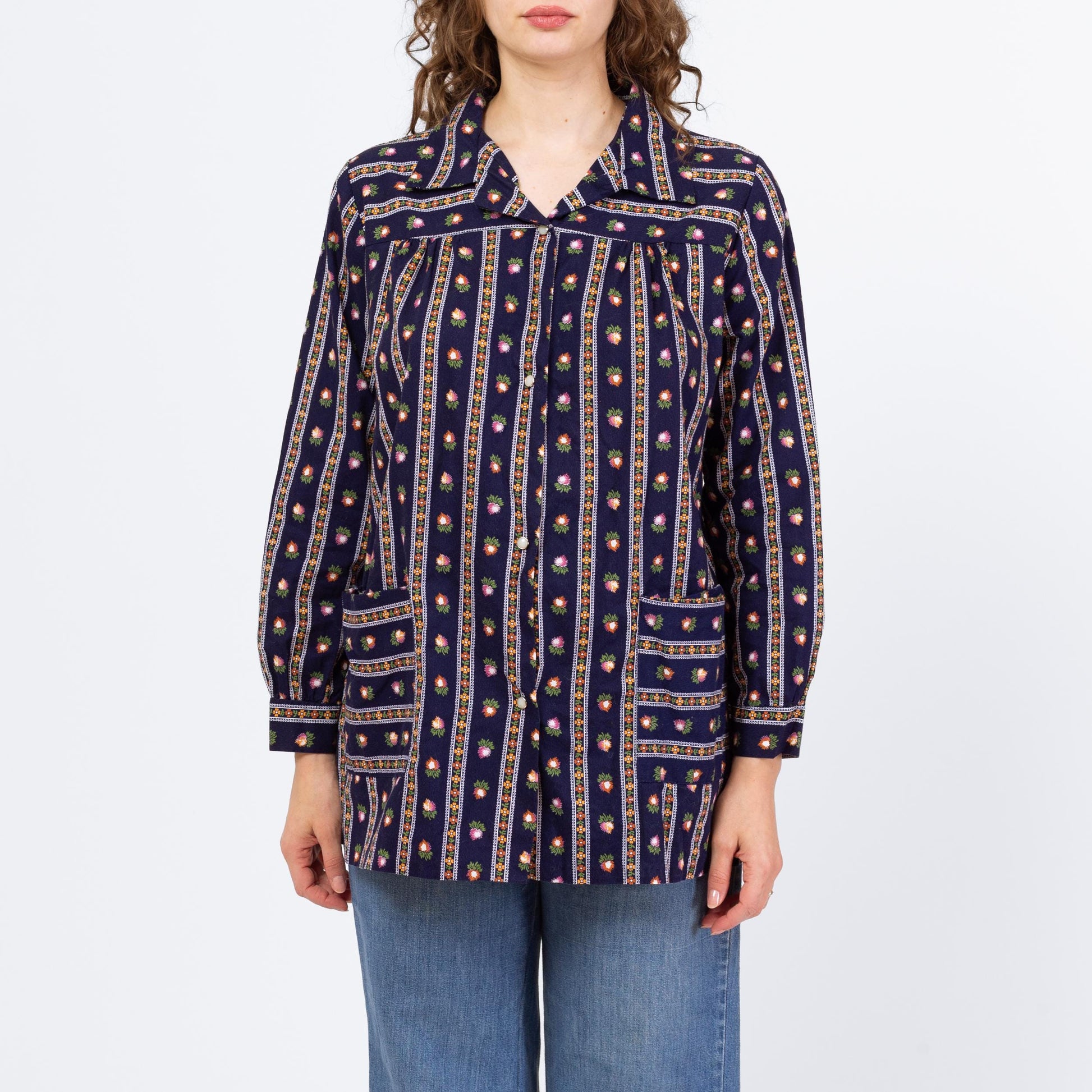 Vintage 70s Striped Floral Painter's Smock - Medium | Navy Blue Lightweight House Jacket Overshirt