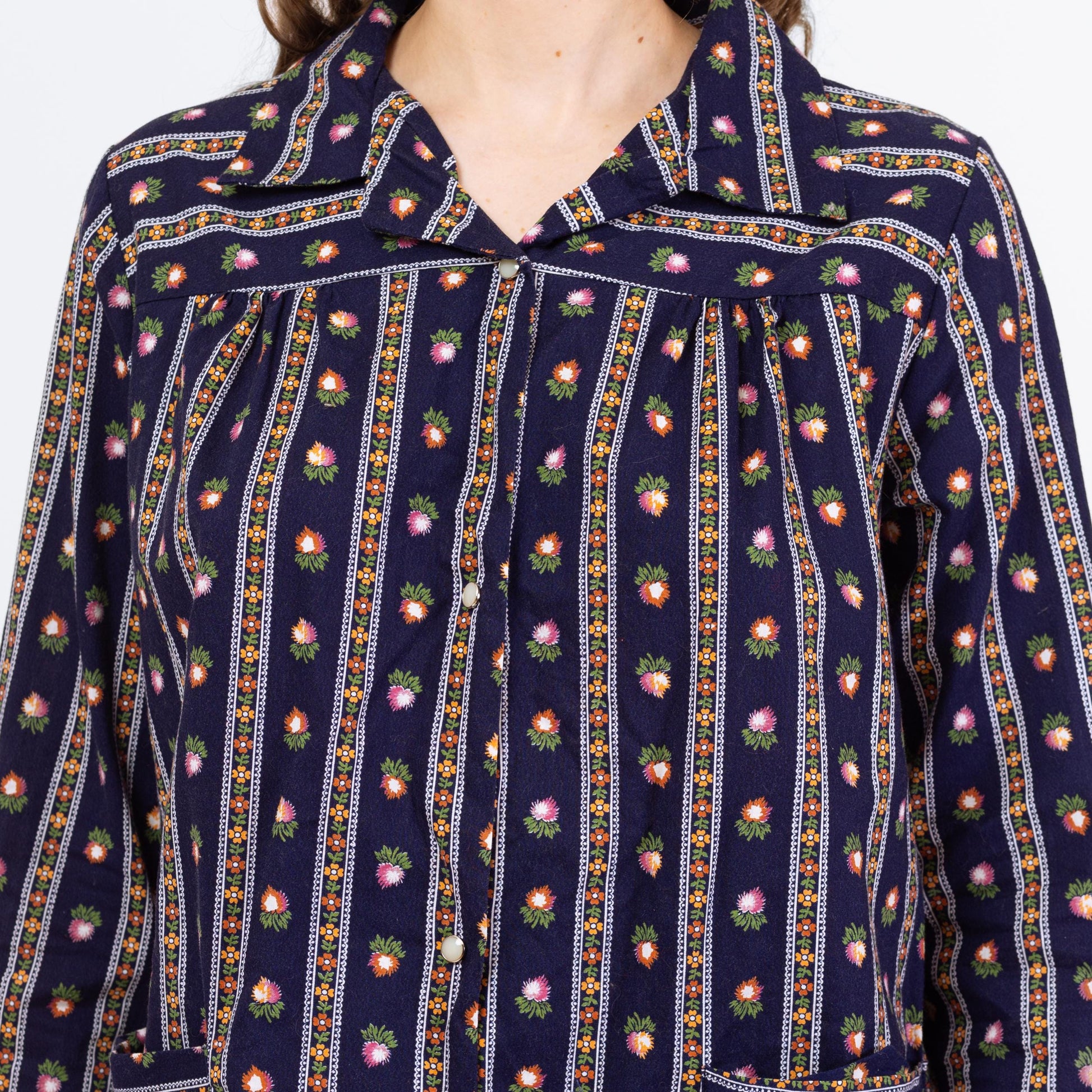 Vintage 70s Striped Floral Painter's Smock - Medium | Navy Blue Lightweight House Jacket Overshirt