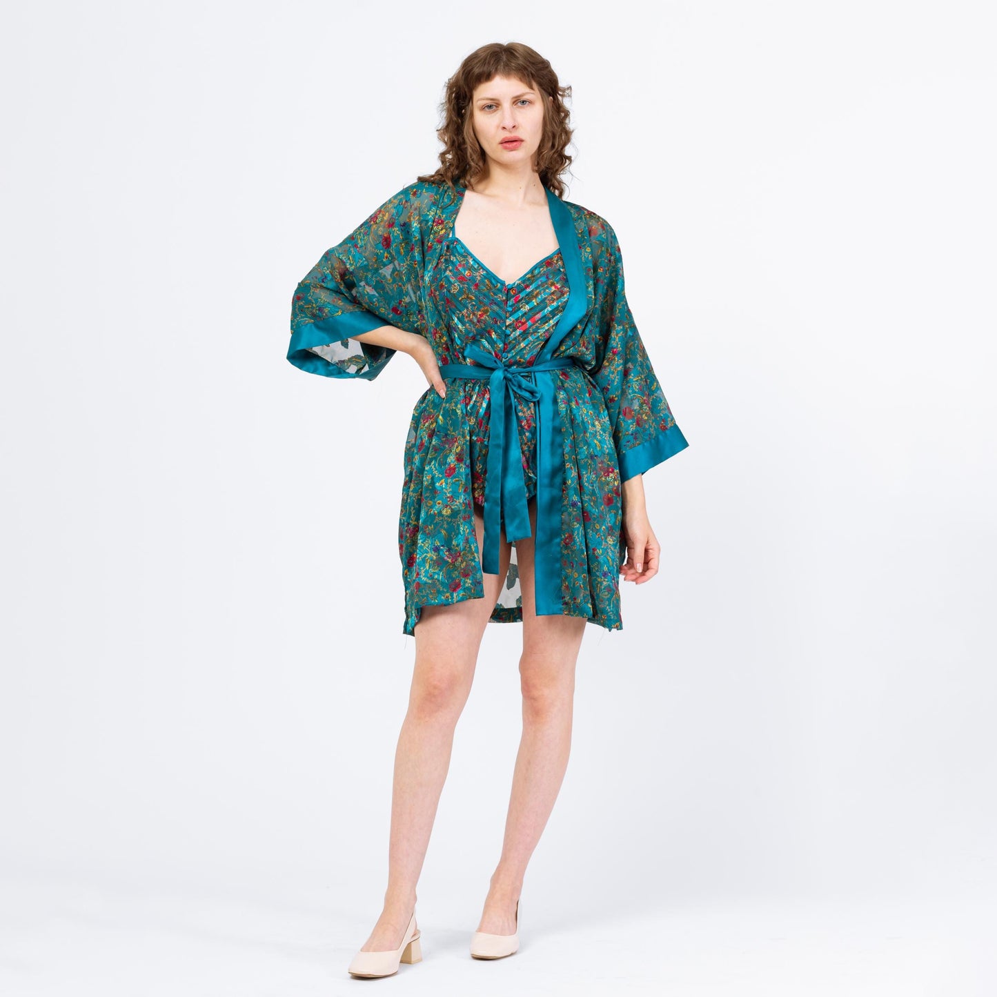 Vintage 90s Victoria's Secret Teal Floral Three Piece Lingerie Set - Large | Cami Kimono Tap Shorts Loungewear