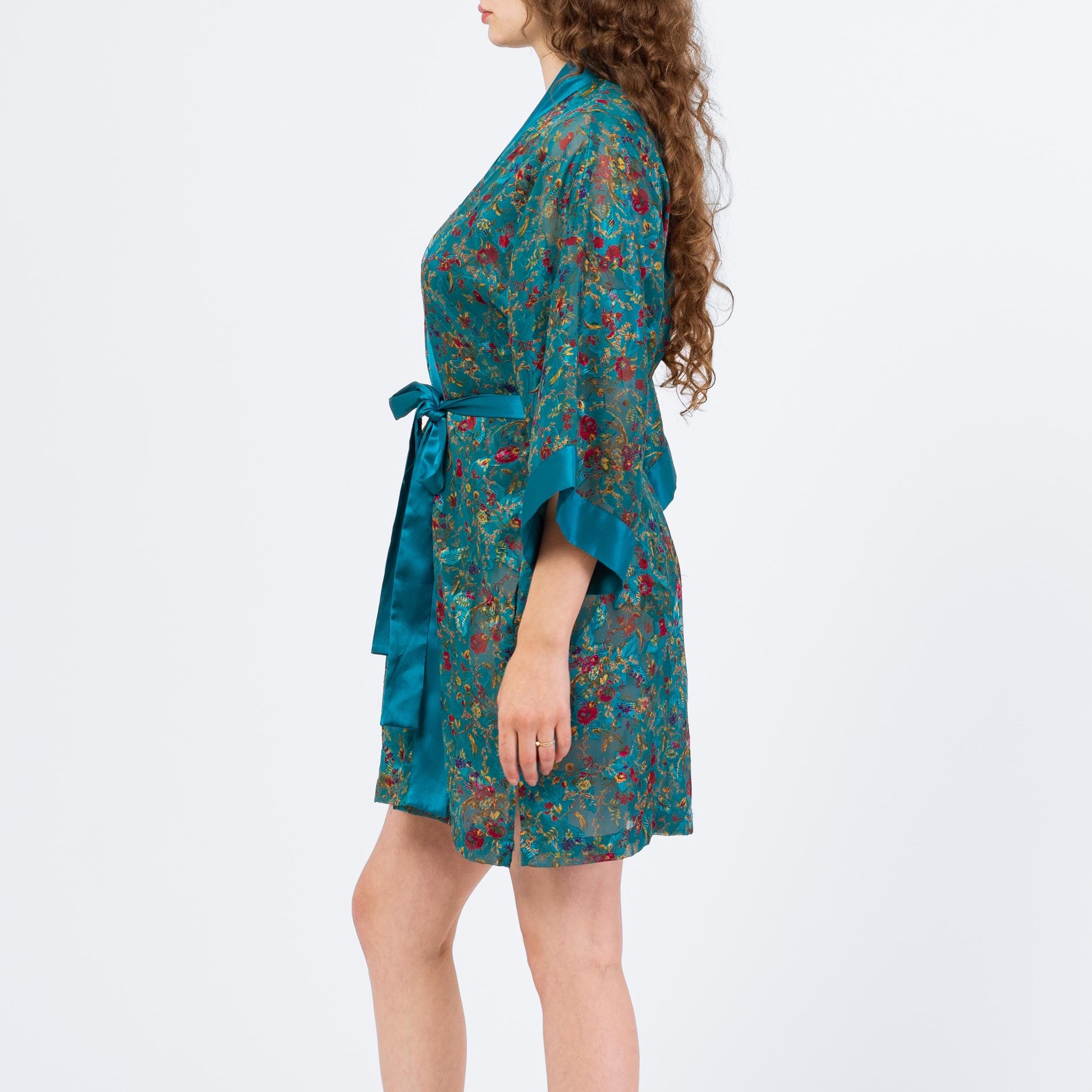 Vintage 90s Victoria's Secret Teal Floral Three Piece Lingerie Set - Large | Cami Kimono Tap Shorts Loungewear