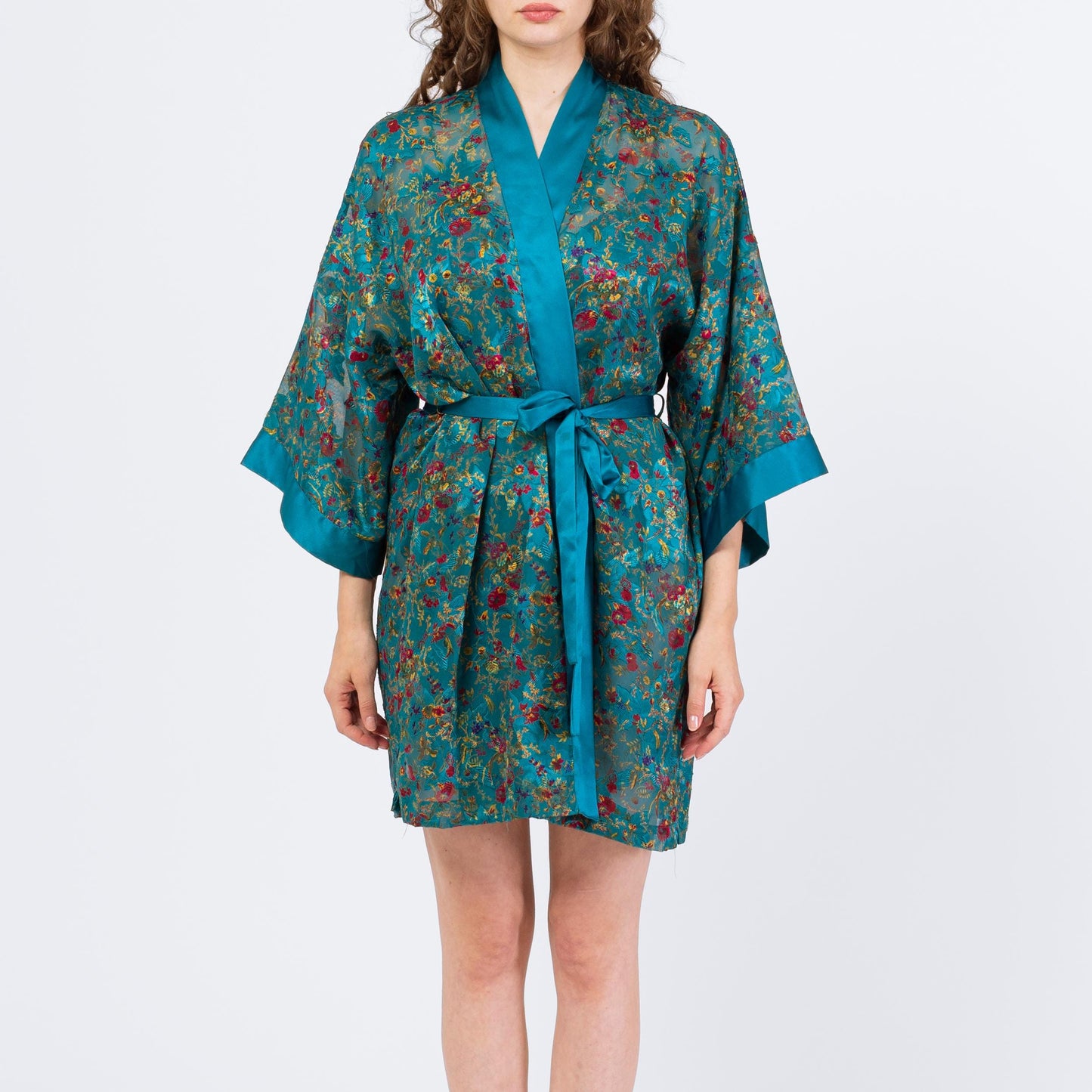 Vintage 90s Victoria's Secret Teal Floral Three Piece Lingerie Set - Large | Cami Kimono Tap Shorts Loungewear