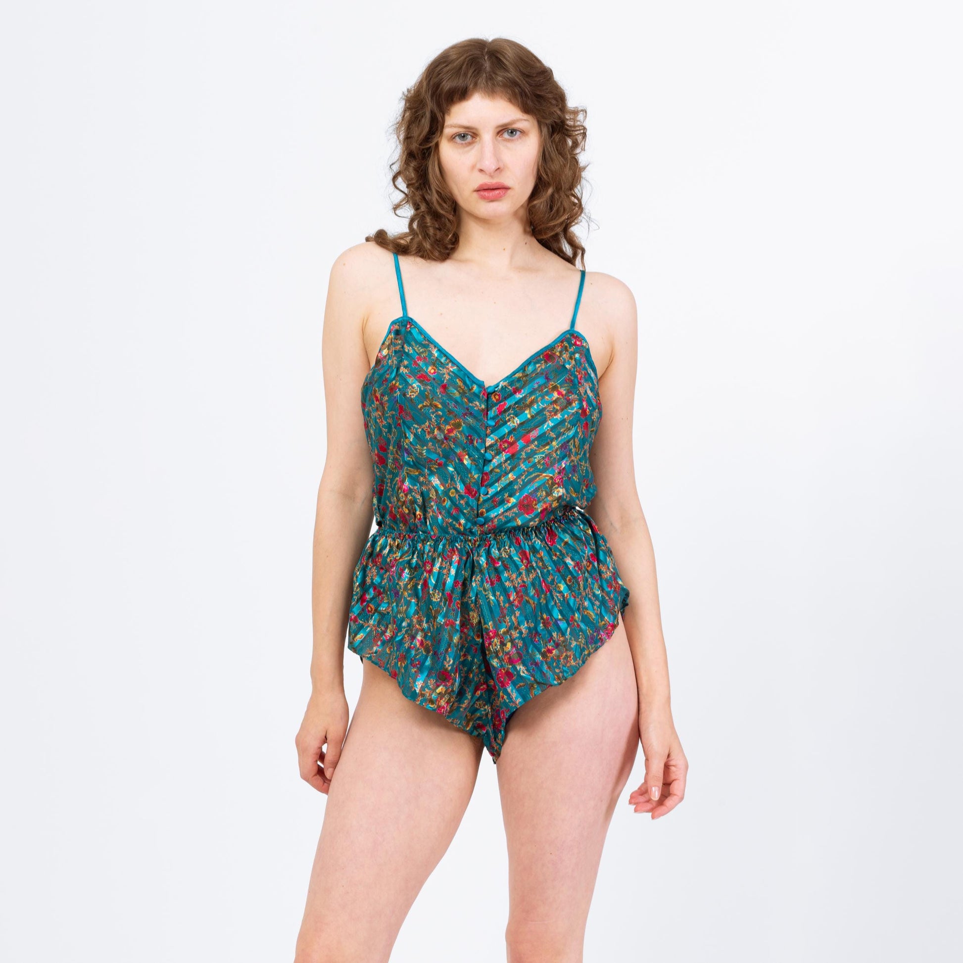 Vintage 90s Victoria's Secret Teal Floral Three Piece Lingerie Set - Large | Cami Kimono Tap Shorts Loungewear