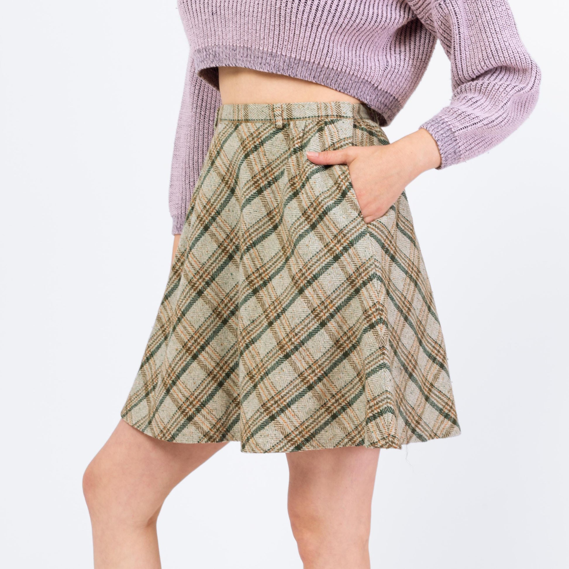 Vintage 70s Sage Green Plaid Tweed Mini Skirt - Medium, 28" Waist | High Waisted A Line Woven Pocket Skirt