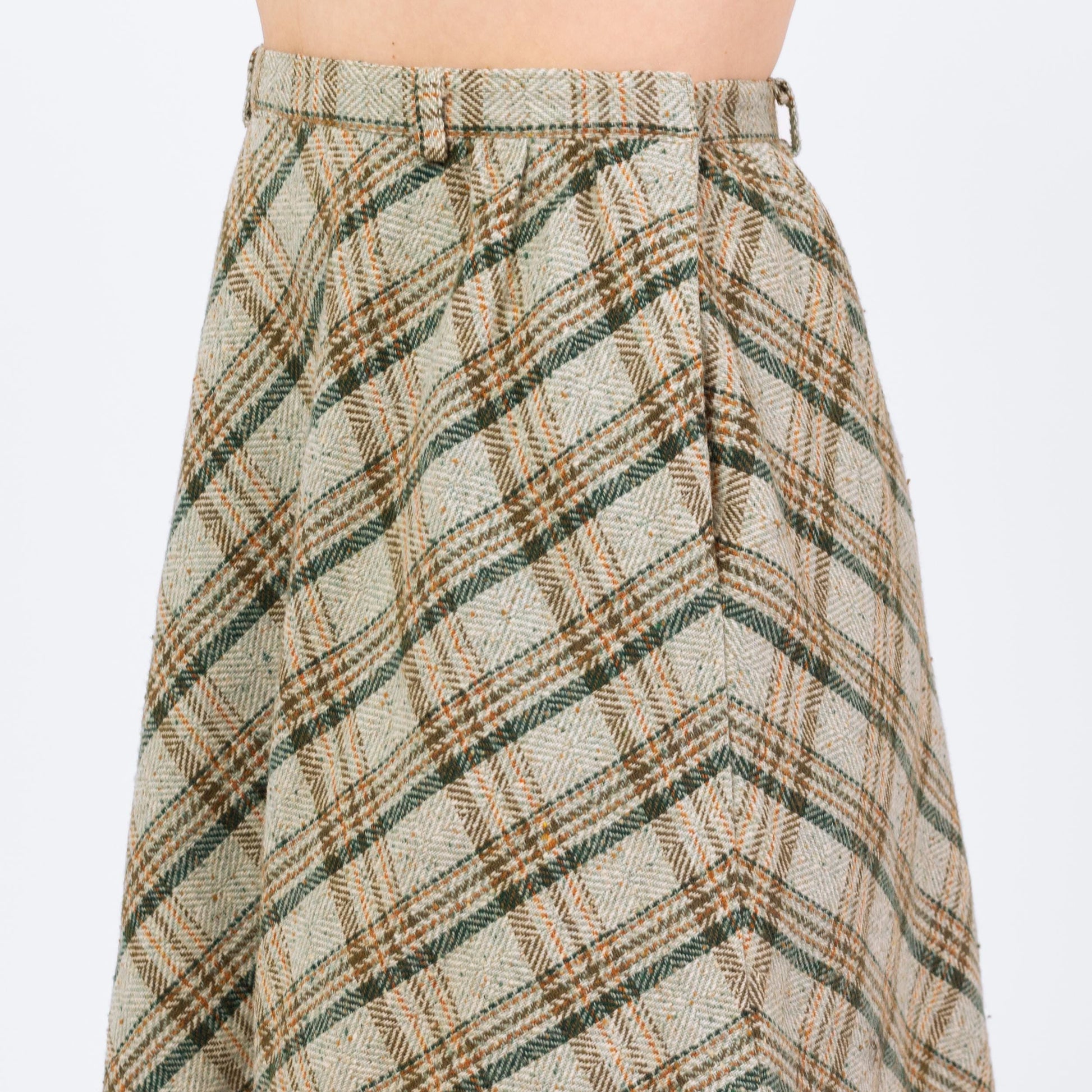 Vintage 70s Sage Green Plaid Tweed Mini Skirt - Medium, 28" Waist | High Waisted A Line Woven Pocket Skirt