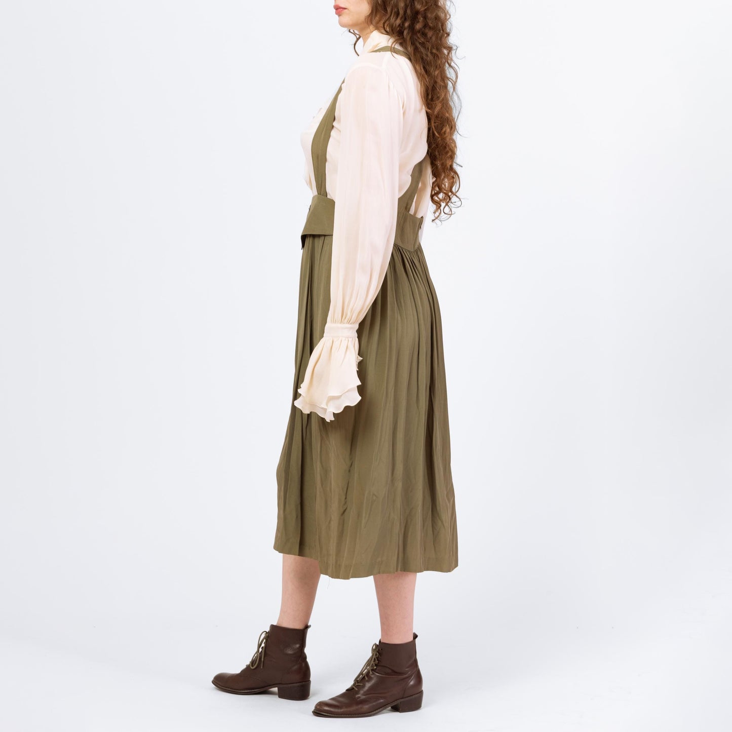 Vintage 80s Does Edwardian Olive Green Pinafore Suspender Dress - Medium to Large, 30.5" Waist | High Waist Cross Back Midi Dress