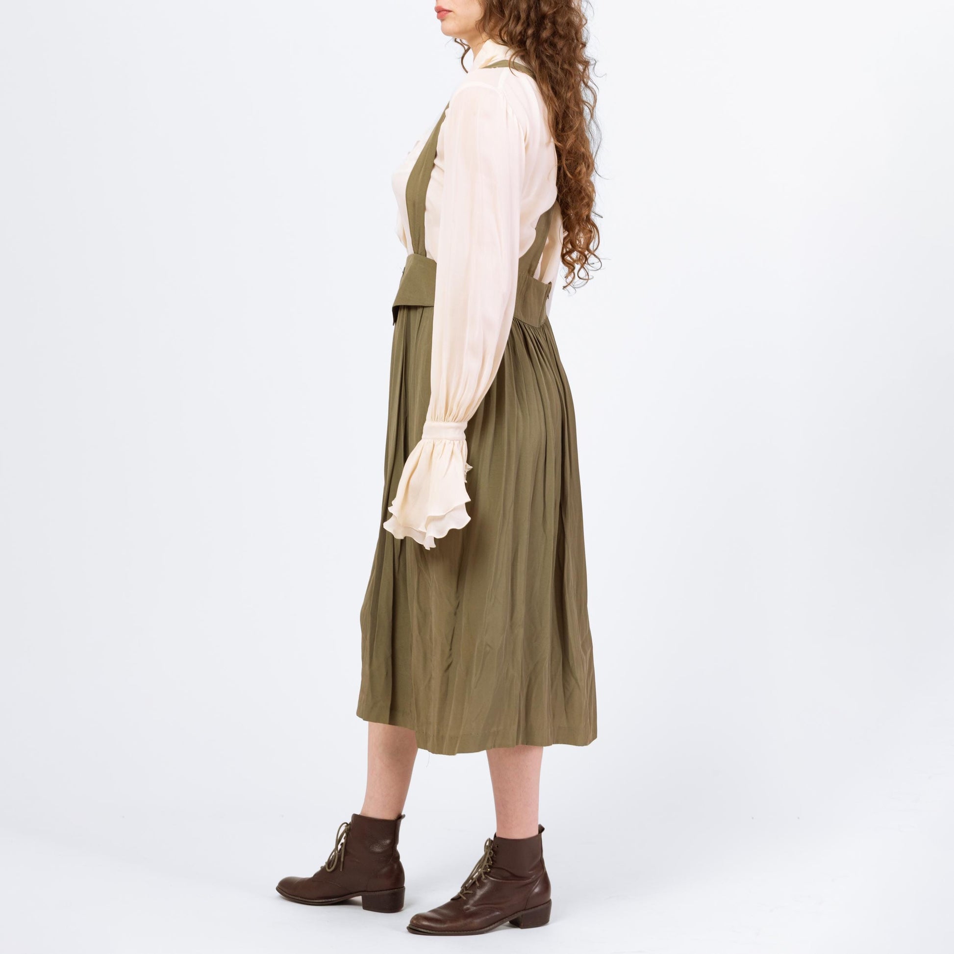 Vintage 80s Does Edwardian Olive Green Pinafore Suspender Dress - Medium to Large, 30.5" Waist | High Waist Cross Back Midi Dress