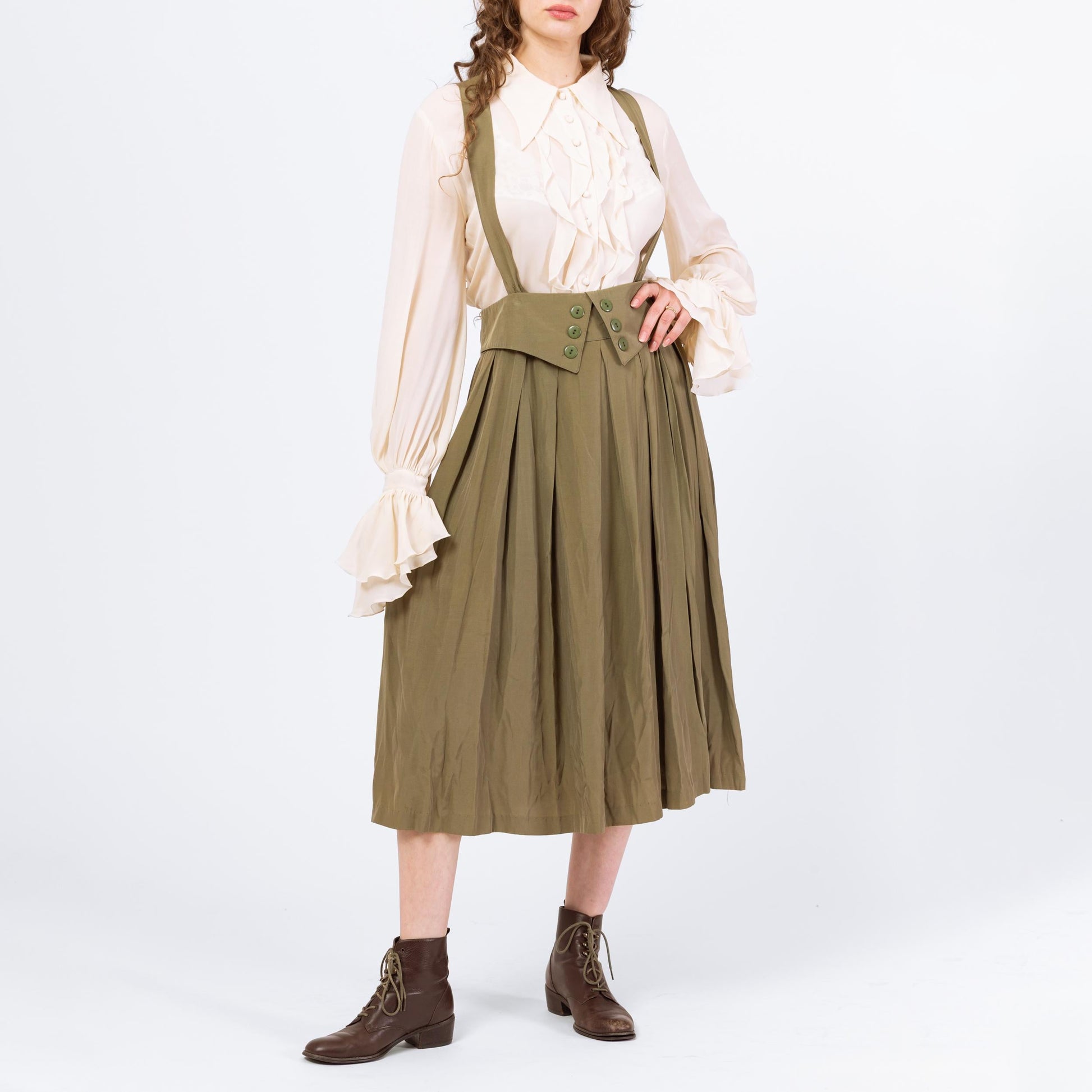 Vintage 80s Does Edwardian Olive Green Pinafore Suspender Dress - Medium to Large, 30.5" Waist | High Waist Cross Back Midi Dress