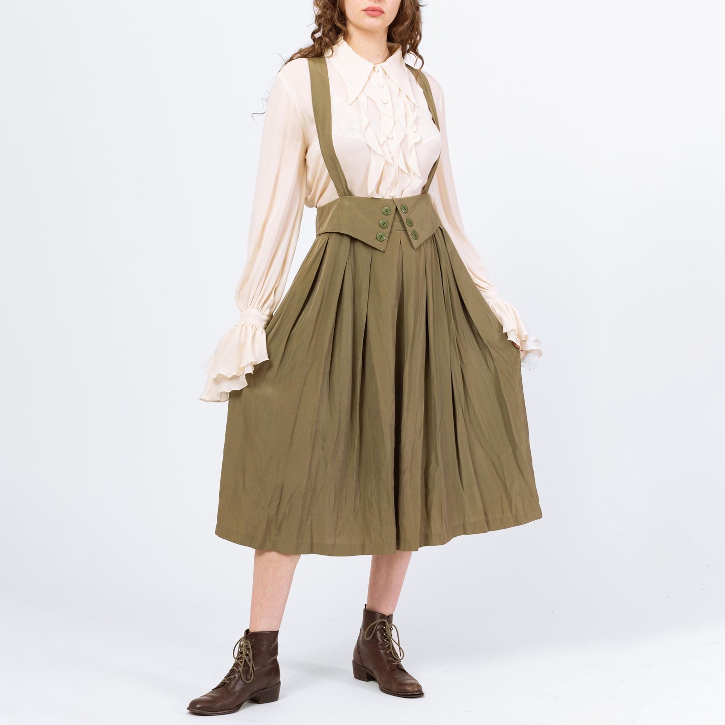Vintage 80s Does Edwardian Olive Green Pinafore Suspender Dress - Medium to Large, 30.5" Waist | High Waist Cross Back Midi Dress
