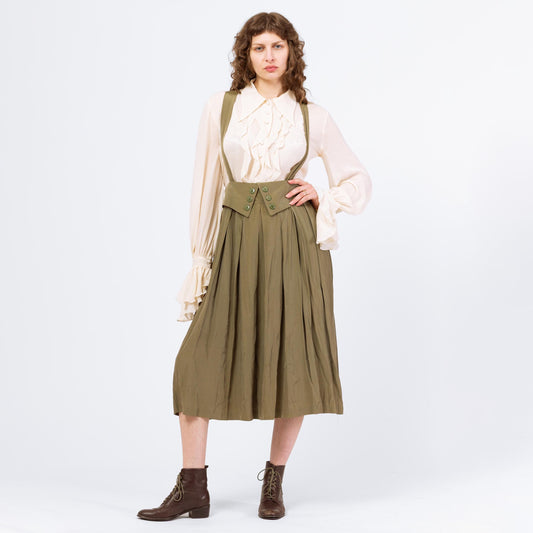 Vintage 80s Does Edwardian Olive Green Pinafore Suspender Dress - Medium to Large, 30.5" Waist | High Waist Cross Back Midi Dress