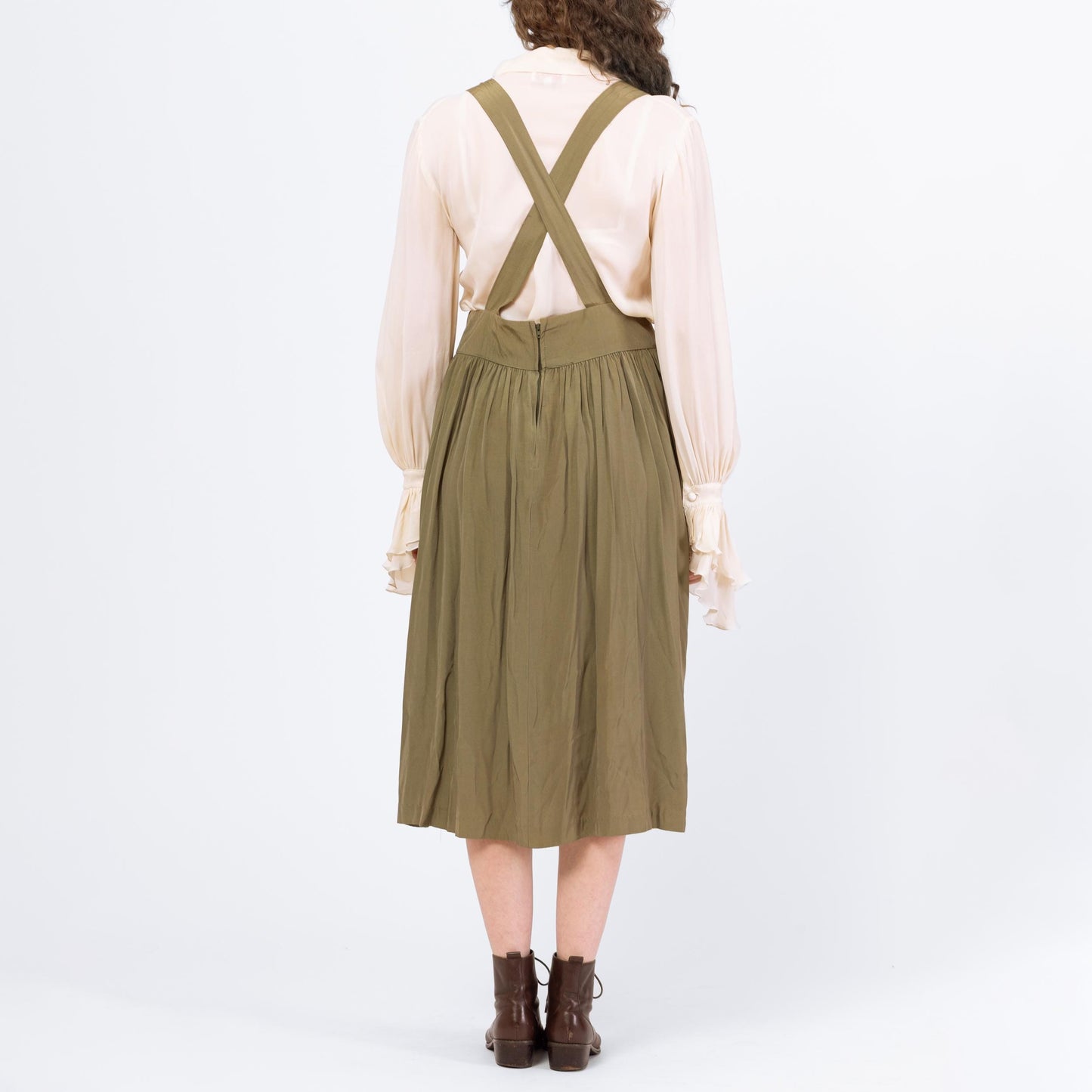 Vintage 80s Does Edwardian Olive Green Pinafore Suspender Dress - Medium to Large, 30.5" Waist | High Waist Cross Back Midi Dress