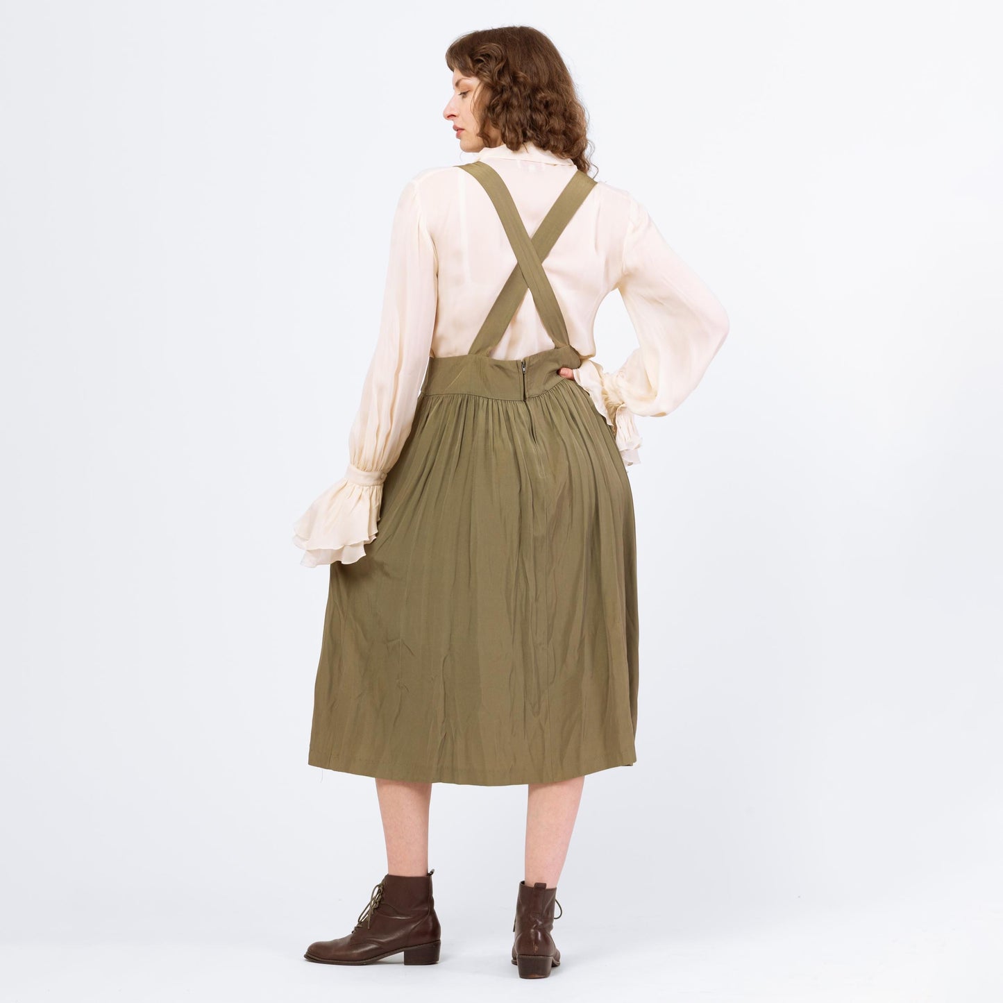 Vintage 80s Does Edwardian Olive Green Pinafore Suspender Dress - Medium to Large, 30.5" Waist | High Waist Cross Back Midi Dress