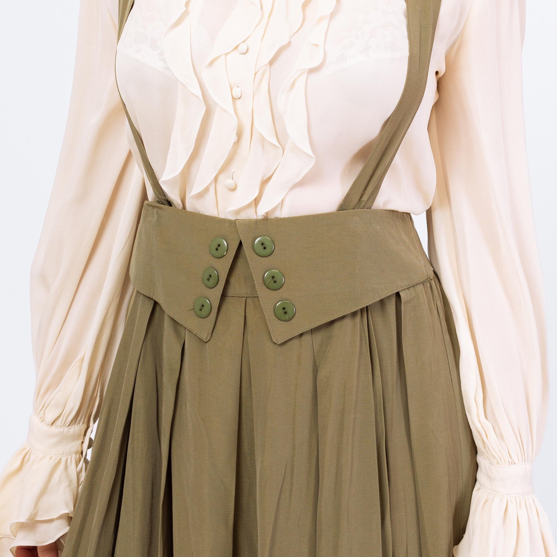 Vintage 80s Does Edwardian Olive Green Pinafore Suspender Dress - Medium to Large, 30.5" Waist | High Waist Cross Back Midi Dress