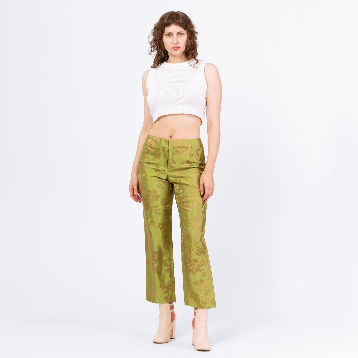 Vintage Y2K Chartreuse Green & Gold Floral Silk Jacquard Pants - Small, Size 6 | Mid Rise Straight Leg Trousers