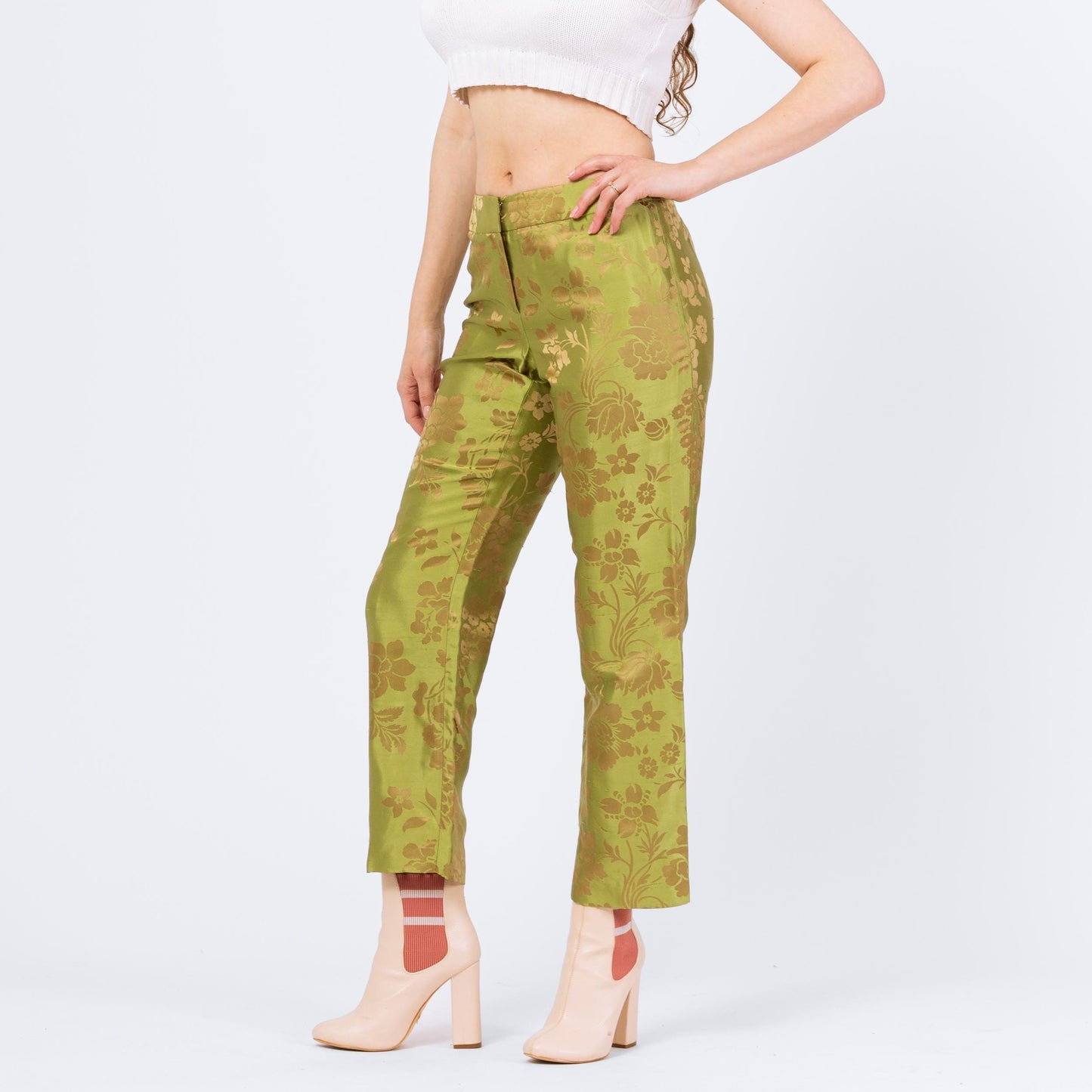 Vintage Y2K Chartreuse Green & Gold Floral Silk Jacquard Pants - Small, Size 6 | Mid Rise Straight Leg Trousers