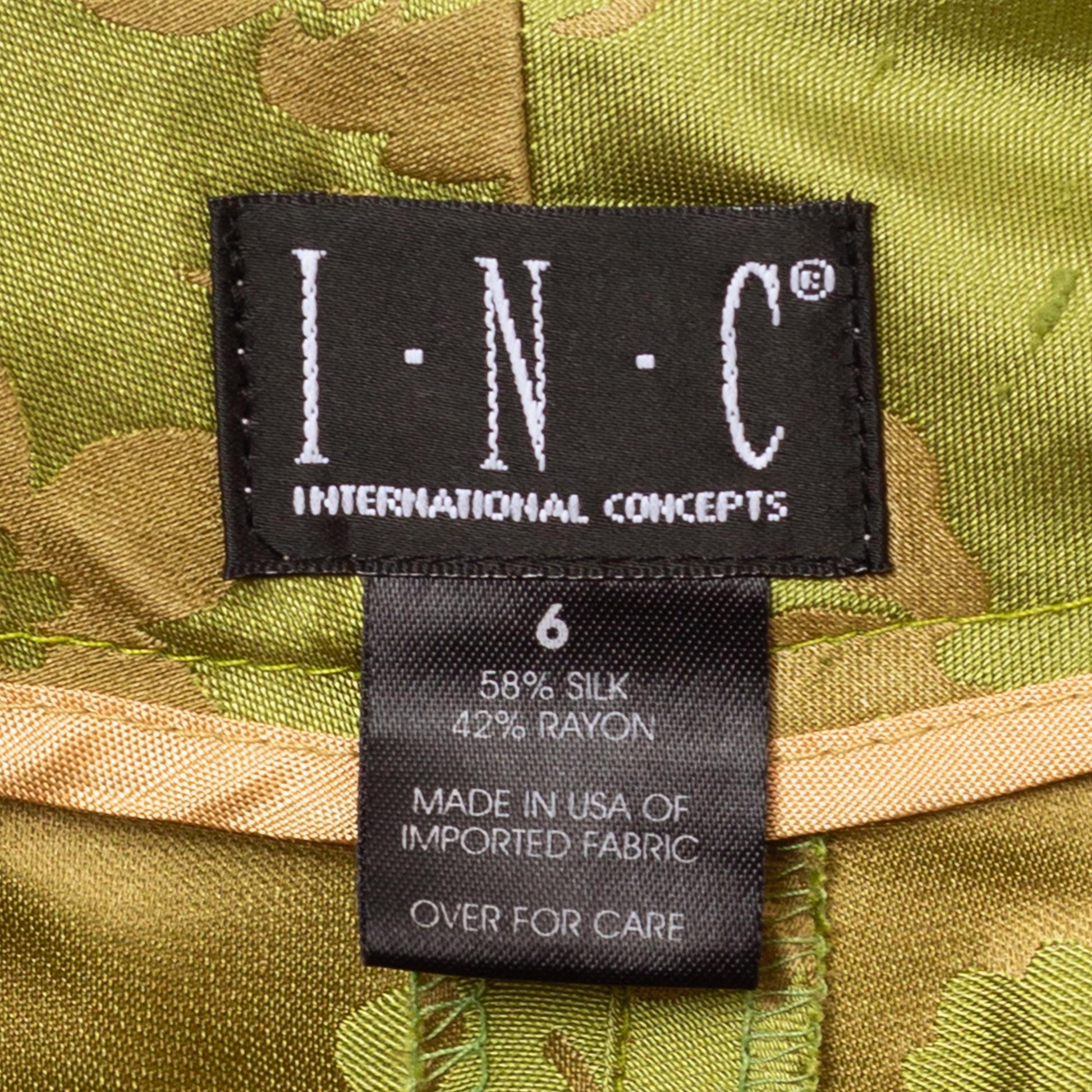 Vintage Y2K Chartreuse Green & Gold Floral Silk Jacquard Pants - Small, Size 6 | Mid Rise Straight Leg Trousers