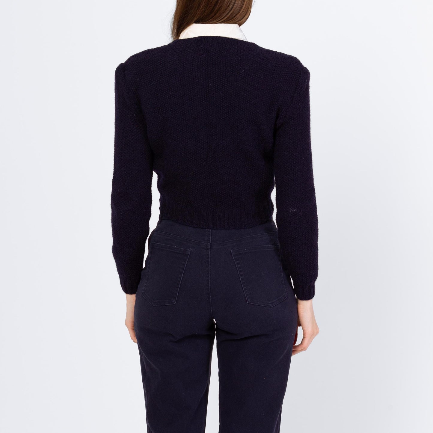 Vintage 80s Ralph Lauren Floral Needlepoint Sampler Cropped Sweater - Small to Medium | Preppy Navy Blue Wool Intarsia Hand-Knit Pullover