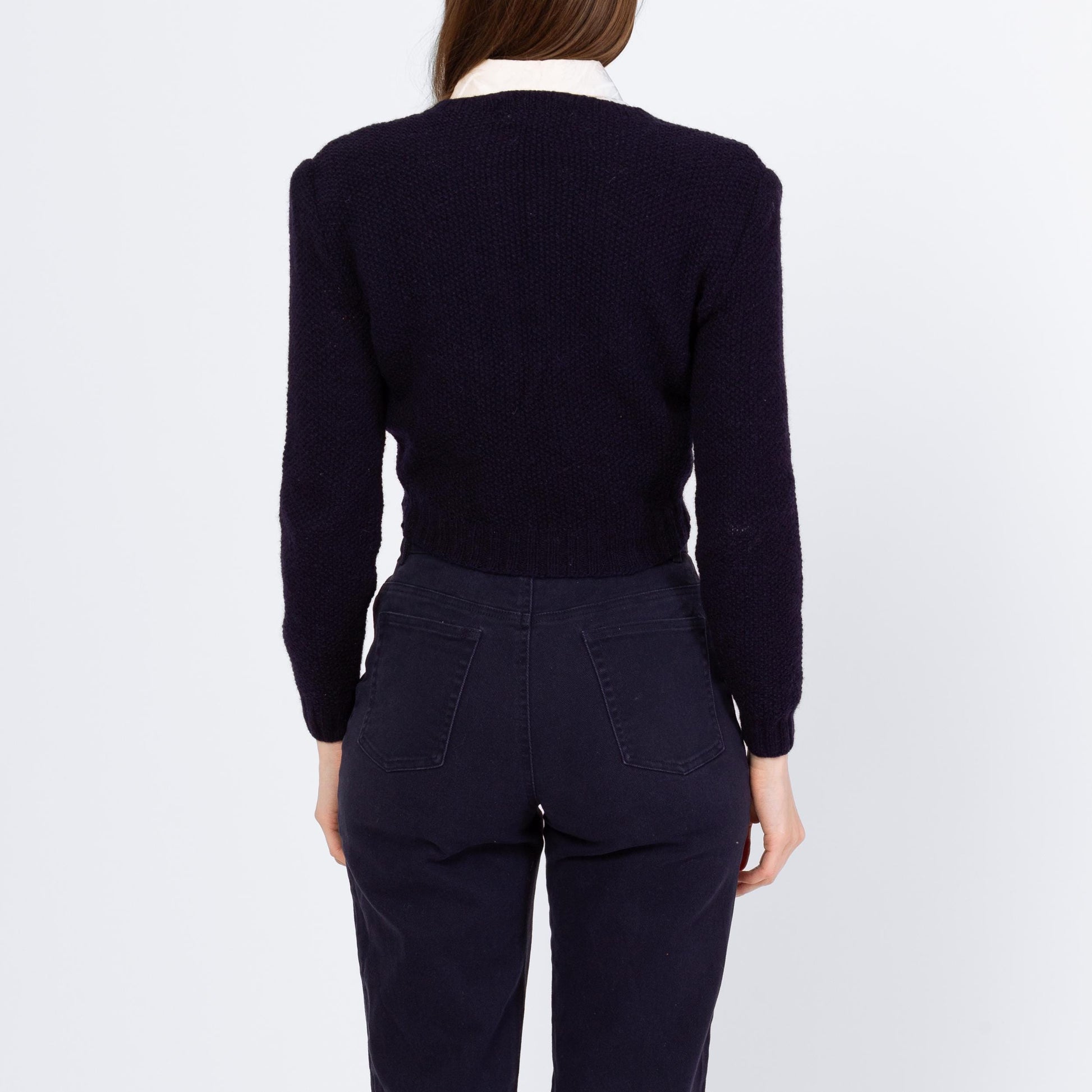 Vintage 80s Ralph Lauren Floral Needlepoint Sampler Cropped Sweater - Small to Medium | Preppy Navy Blue Wool Intarsia Hand-Knit Pullover