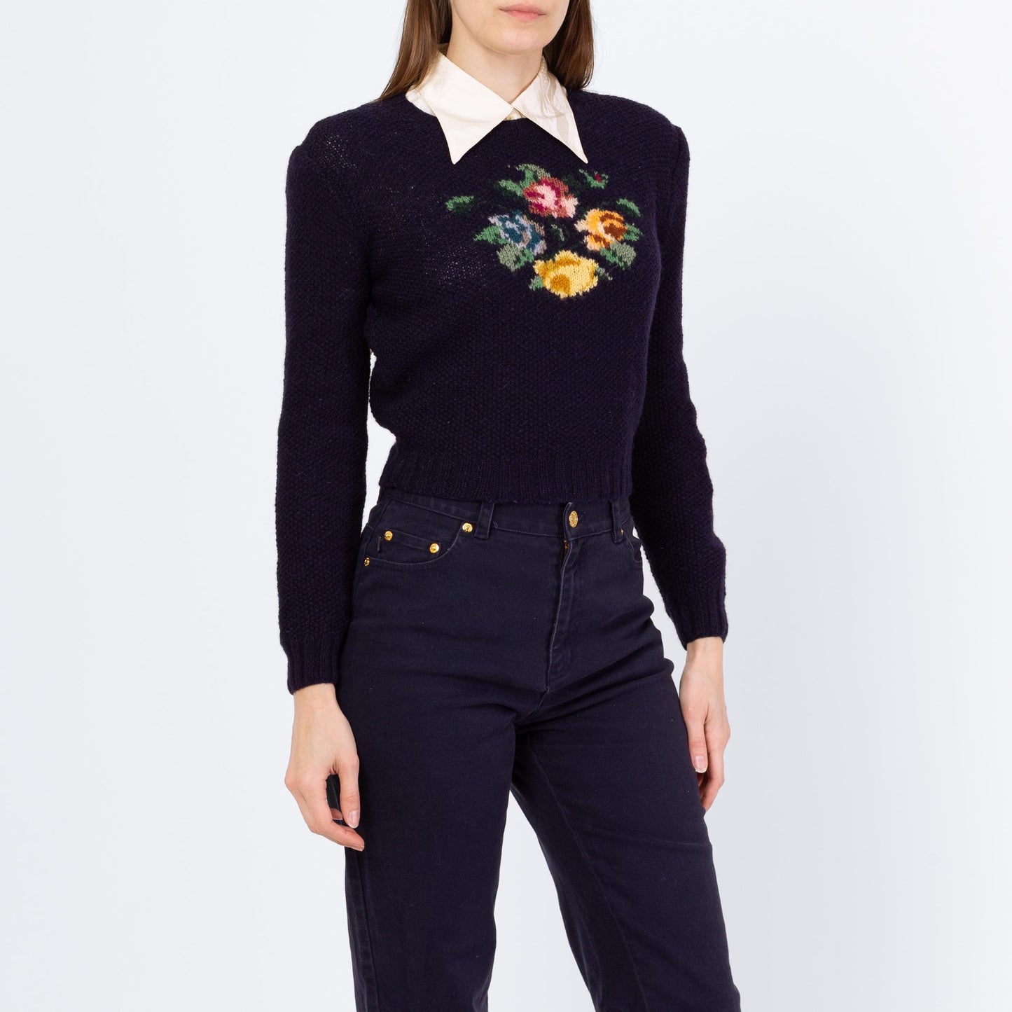 Vintage 80s Ralph Lauren Floral Needlepoint Sampler Cropped Sweater - Small to Medium | Preppy Navy Blue Wool Intarsia Hand-Knit Pullover