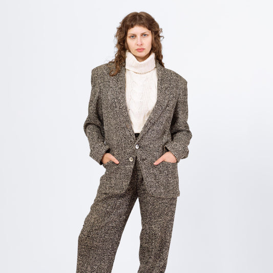 Vintage 80s Salt & Pepper Tweed Suit Set - Men's Small, Women's Medium | Black White Woven Blazer Pants Matching Two Piece Outfit
