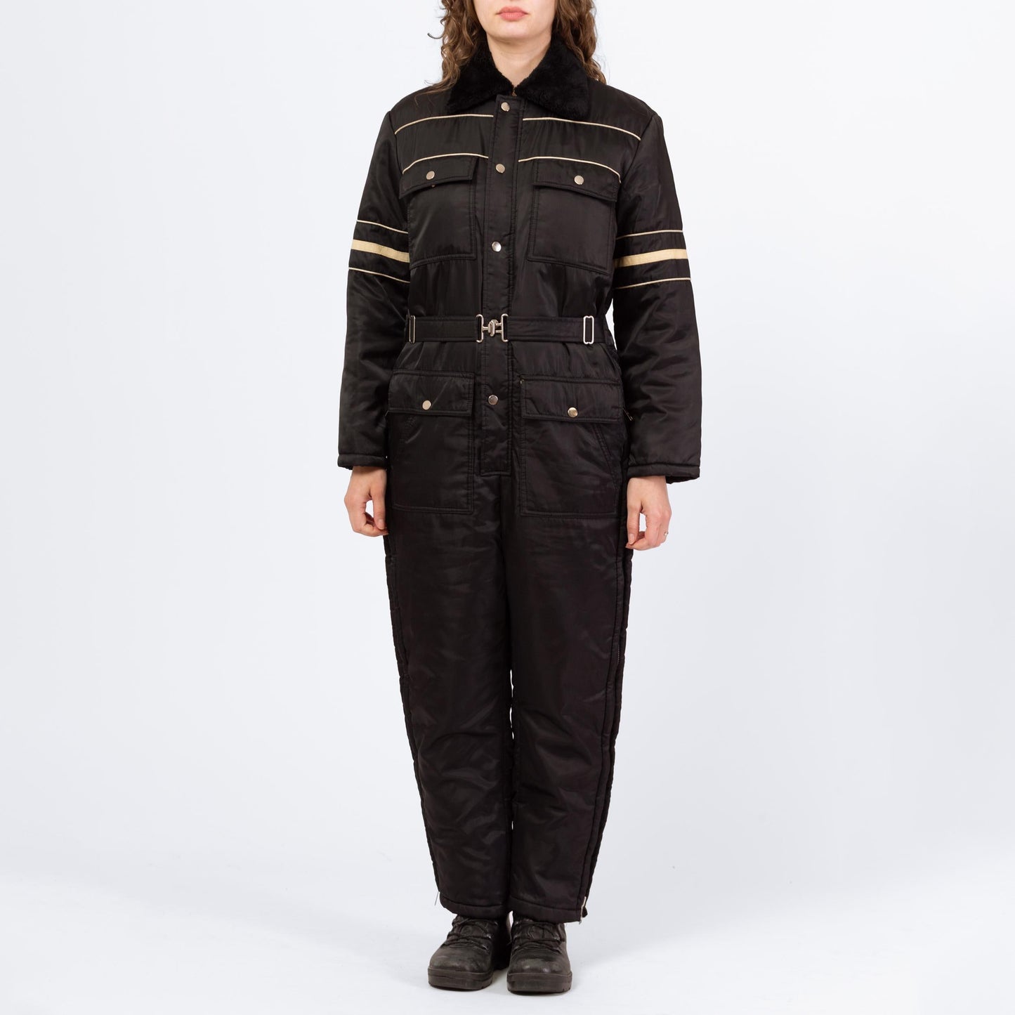 Vintage 80s Black & White Striped Belted Ski Suit - Men's Medium Short | Winter Snowsuit Outerwear Jumpsuit One Piece Snow Gear