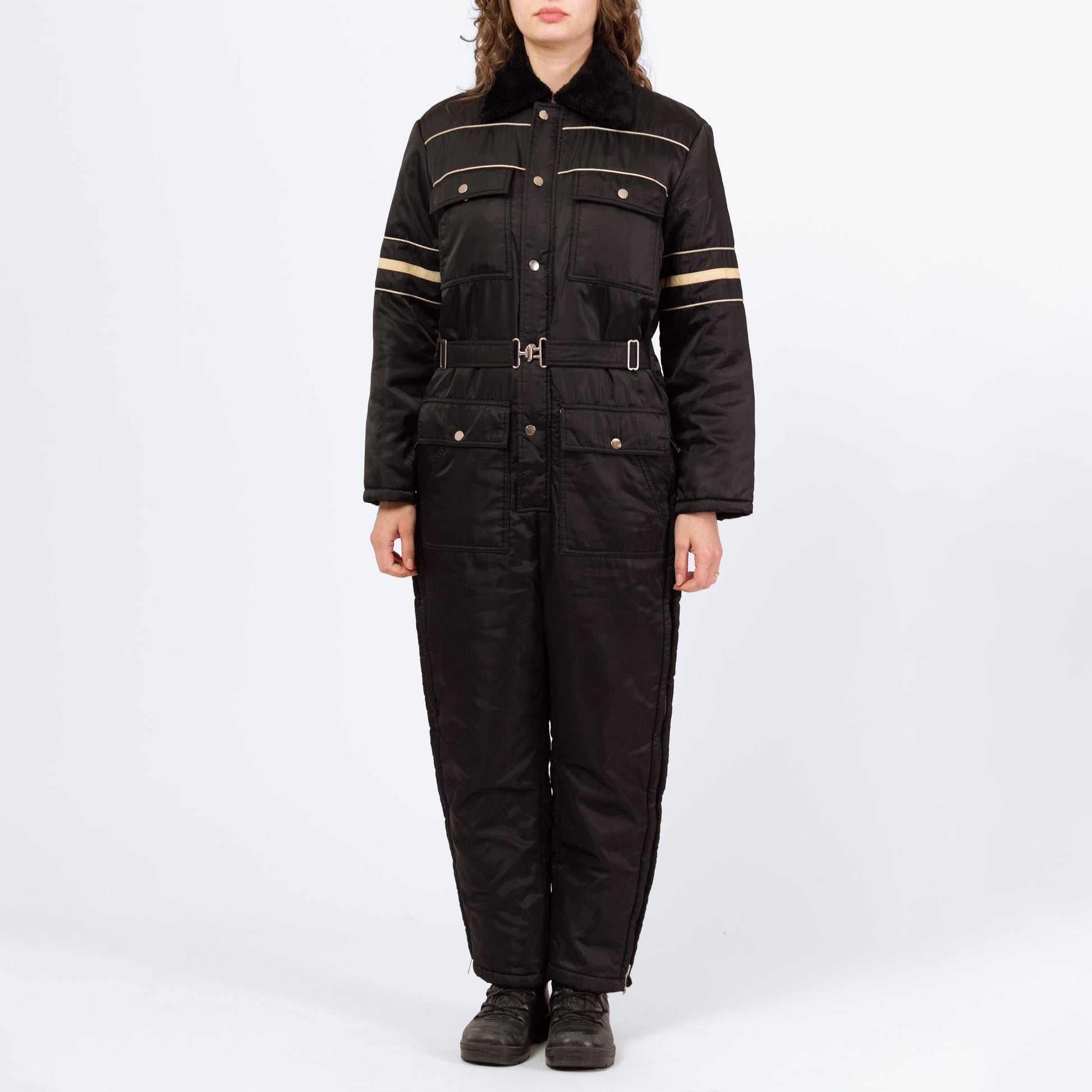 Vintage 80s Black & White Striped Belted Ski Suit - Men's Medium Short | Winter Snowsuit Outerwear Jumpsuit One Piece Snow Gear