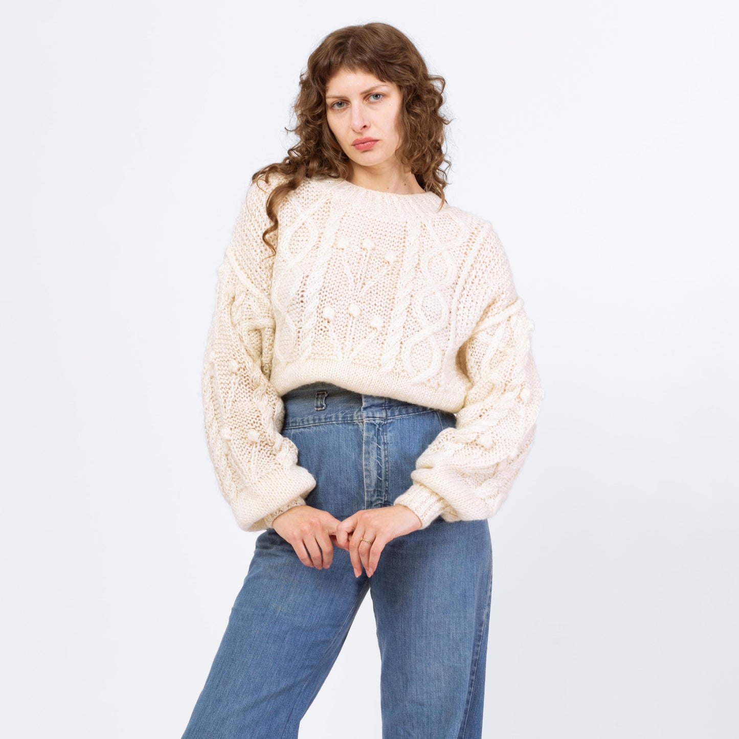 Vintage 90s White Cable Knit Balloon Sleeve Sweater - Medium | Chunky Bobble Knit Pullover